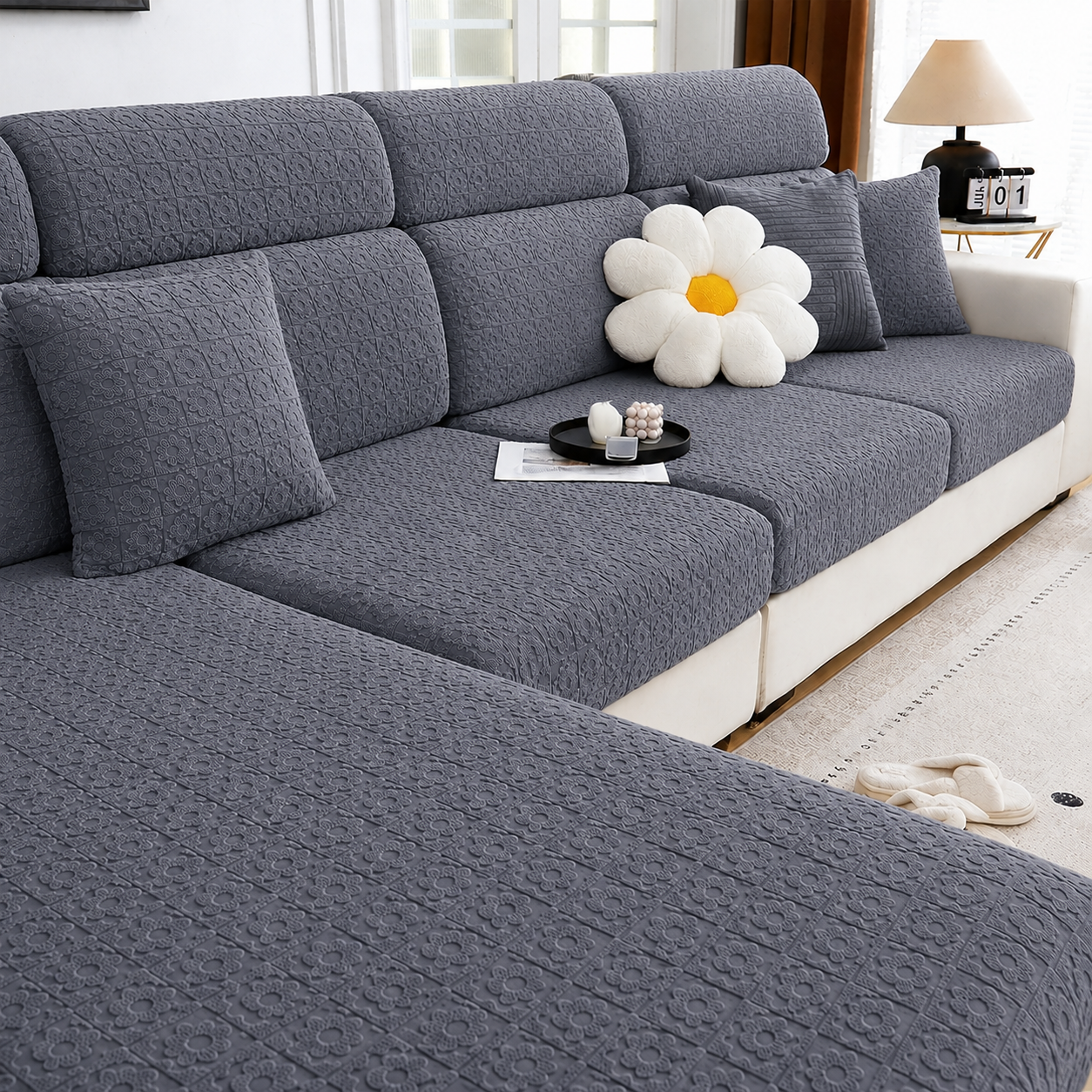 Anti Slip Daisy Floral L Shaped Cushion Sofa Couch Cover