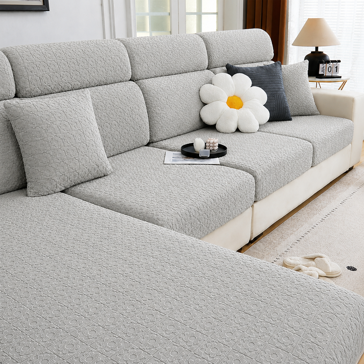 Anti Slip Daisy Floral L Shaped Cushion Sofa Couch Cover