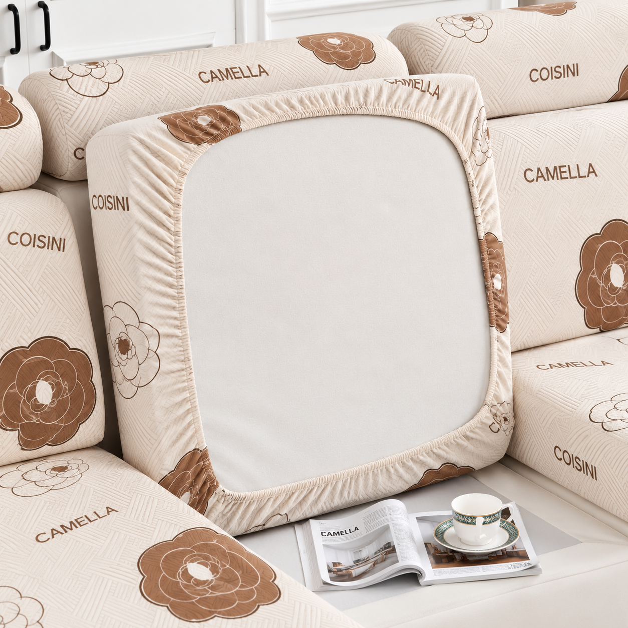 Basketweave Floral Stretch L Shaped Cushion Sofa Couch Cover