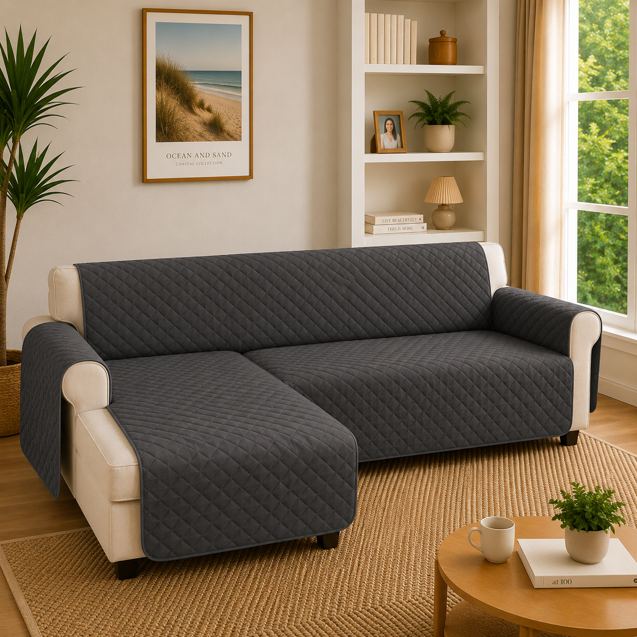L Shape Quilted Slipcover Mat Sofa Couch Cover