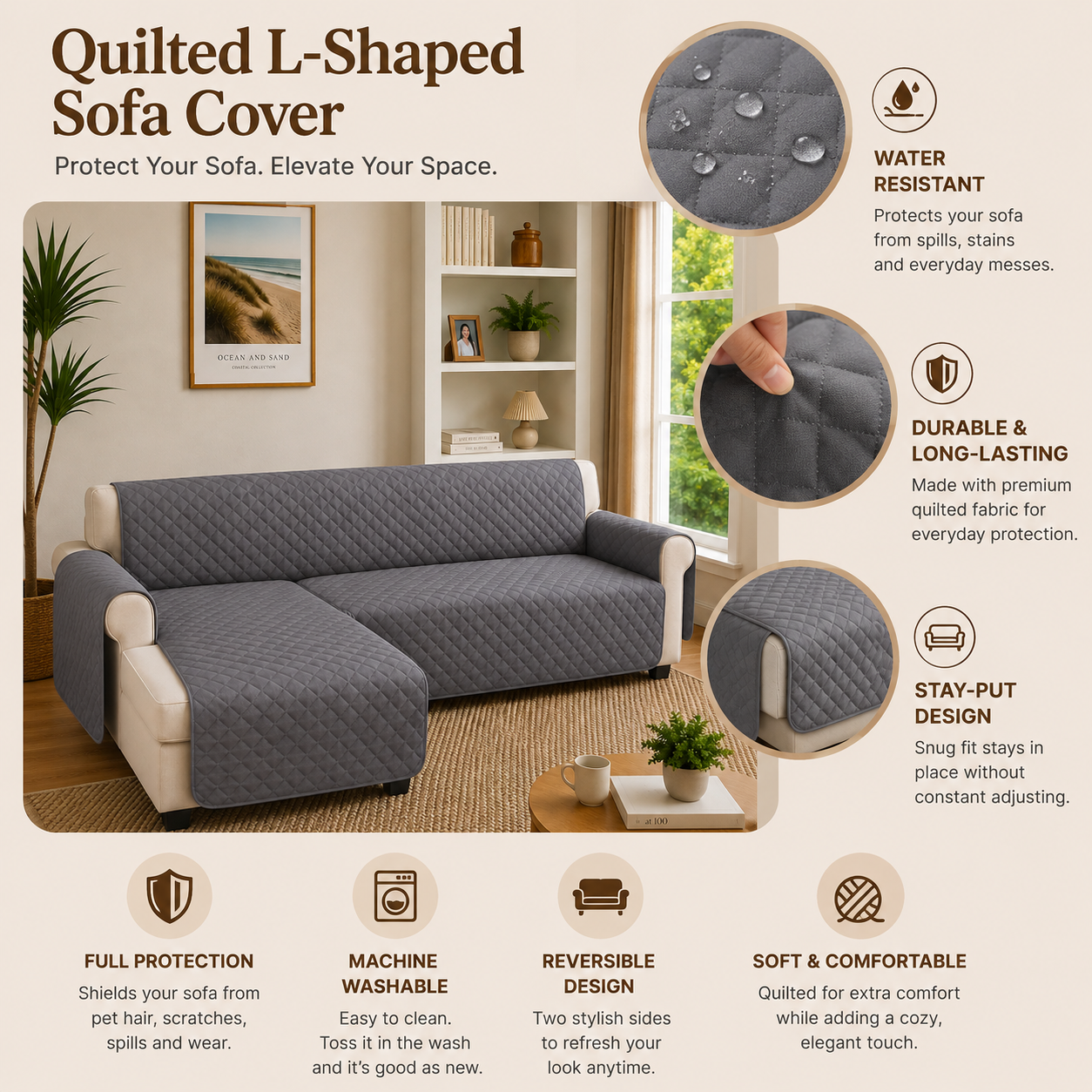 L Shape Quilted Slipcover Mat Sofa Couch Cover