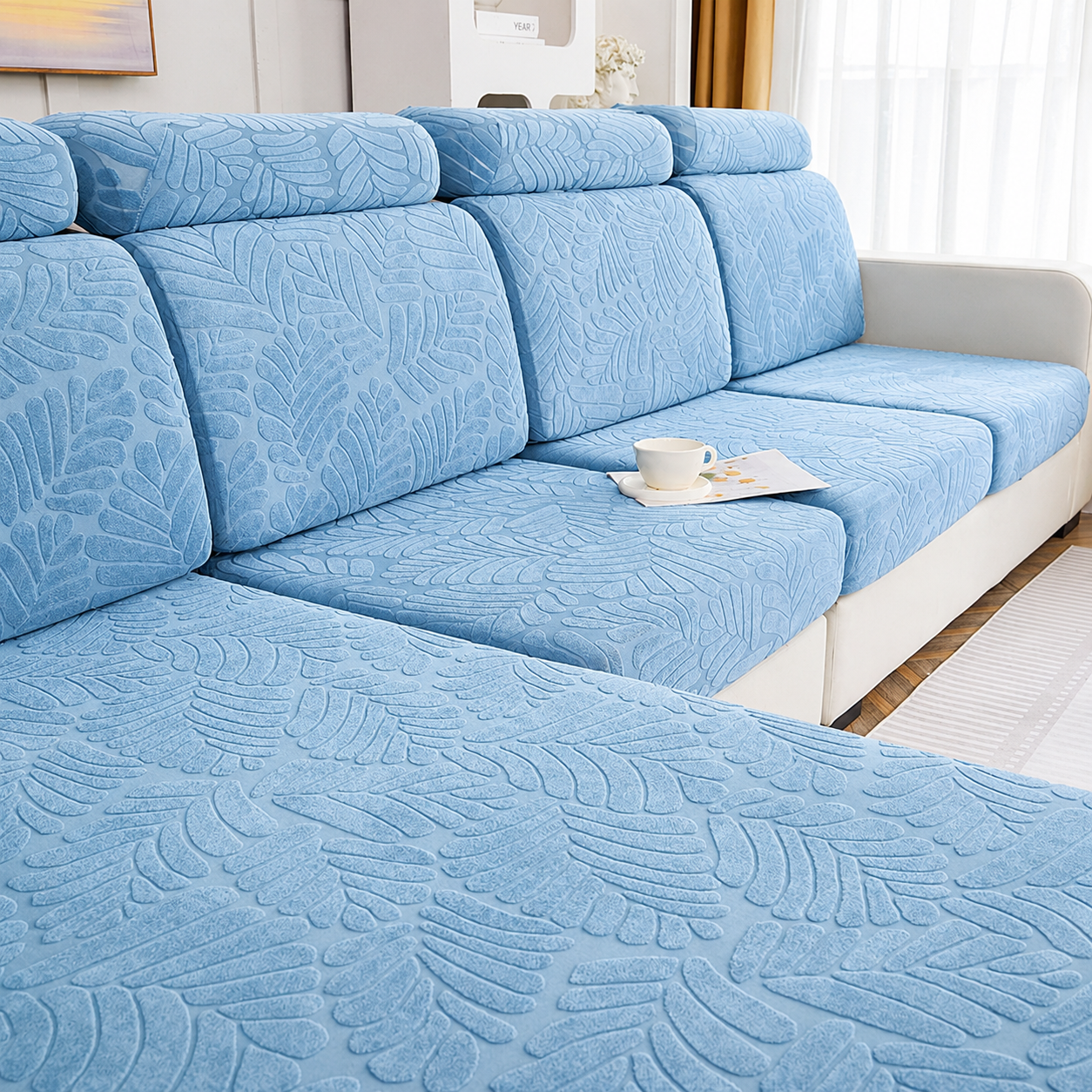 Anti Slip Leaf Jacquard L Shaped Cushion Sofa Couch Cover