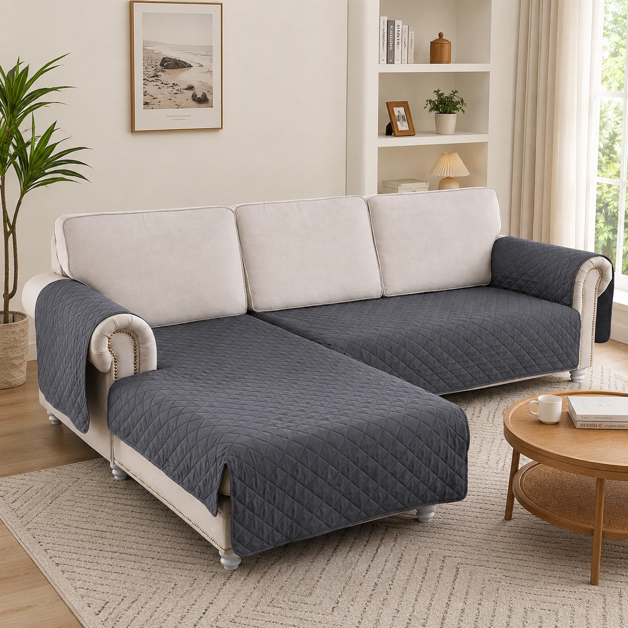 L Shape Quilted Slipcover Mat Sofa Couch Cover