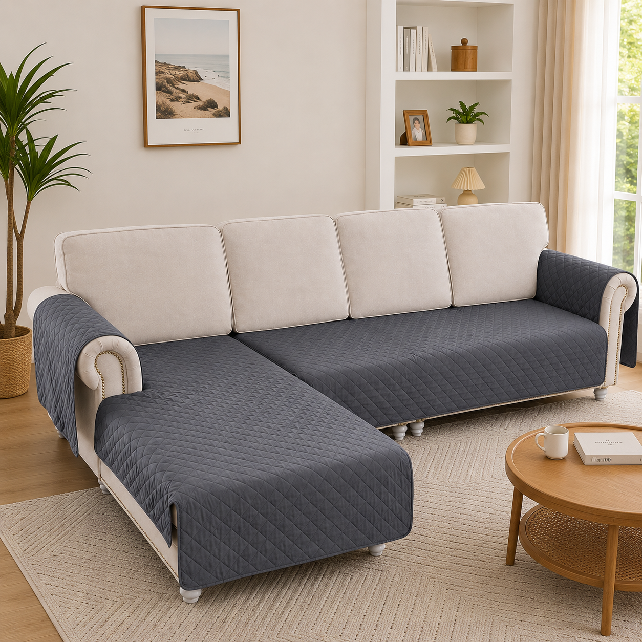 L Shape Quilted Slipcover Mat Sofa Couch Cover