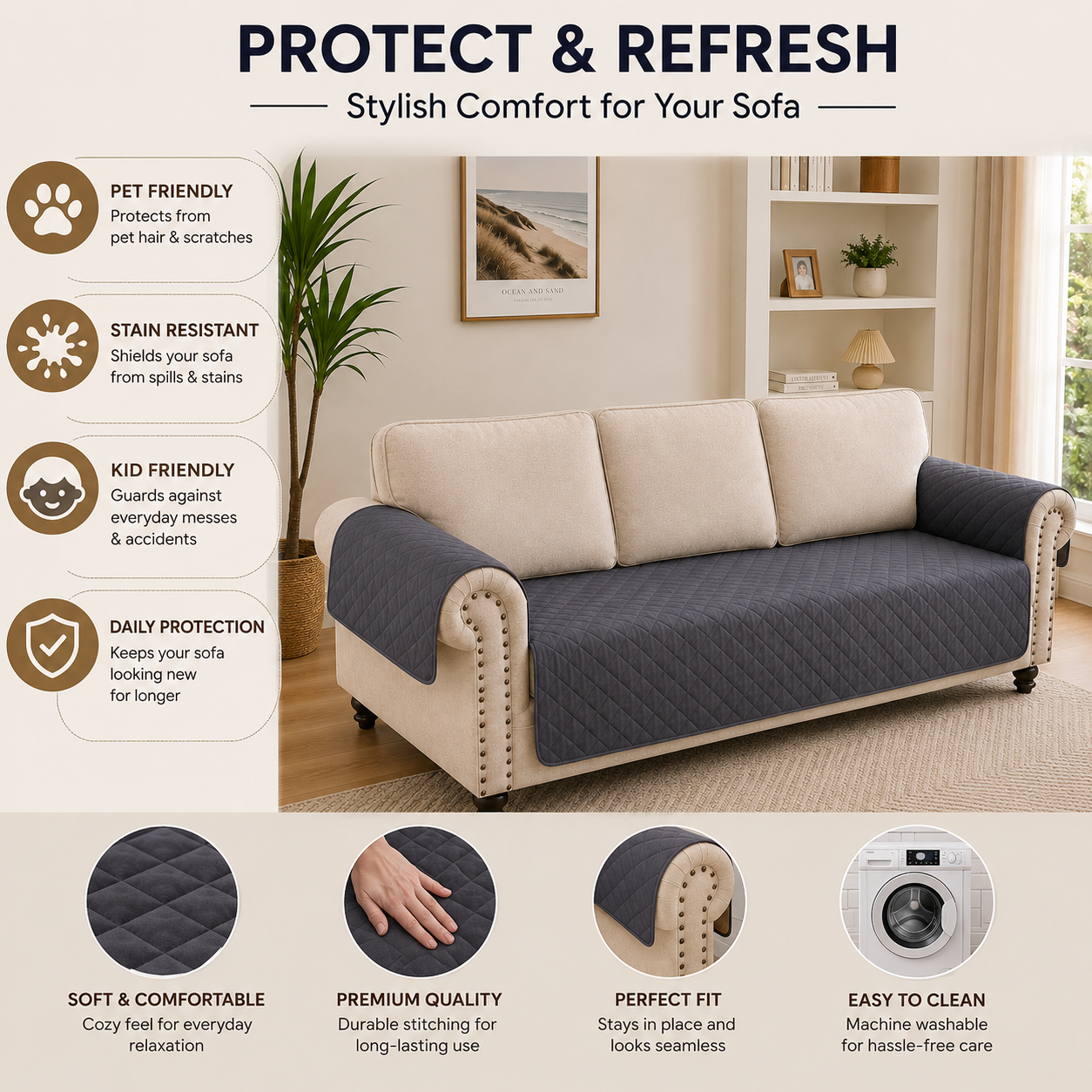 Anti Slip Quilted Slipcover Mat Sofa Couch Cover