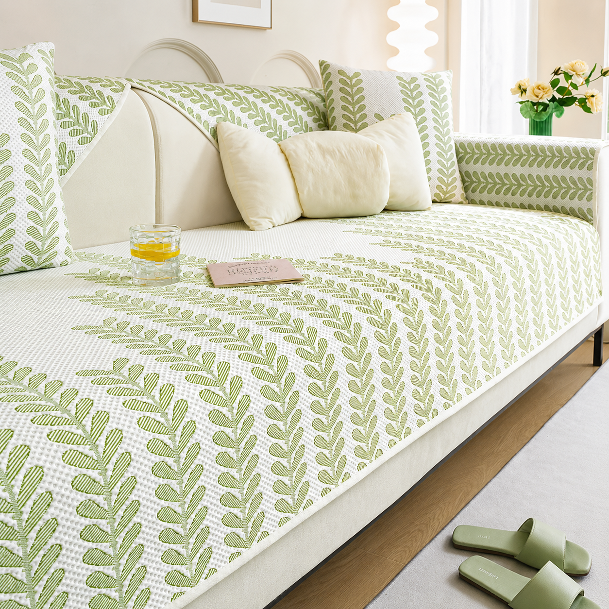 Elegant Botanical Leaf Ice Silk Sofa Couch Cover