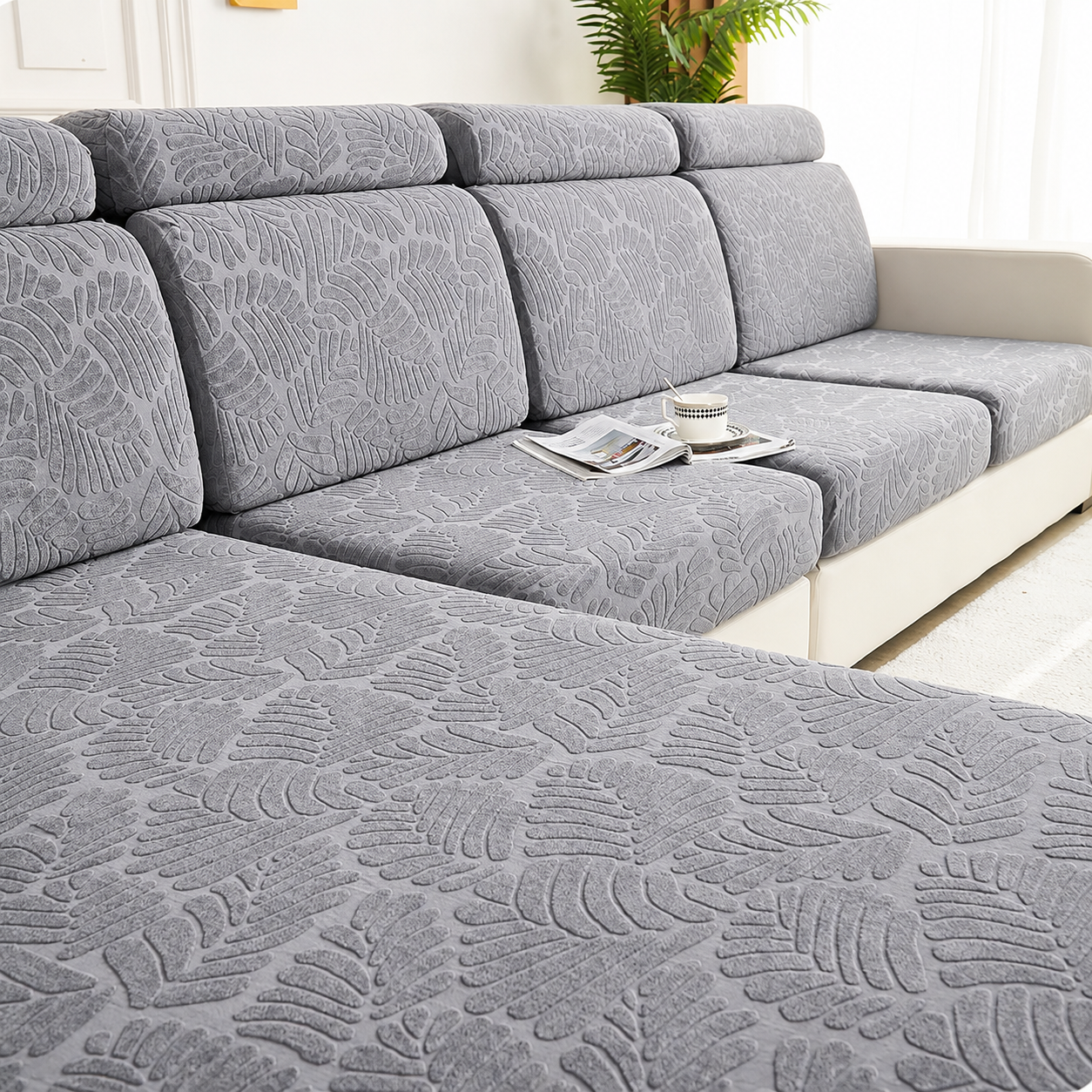 Anti Slip Leaf Jacquard L Shaped Cushion Sofa Couch Cover