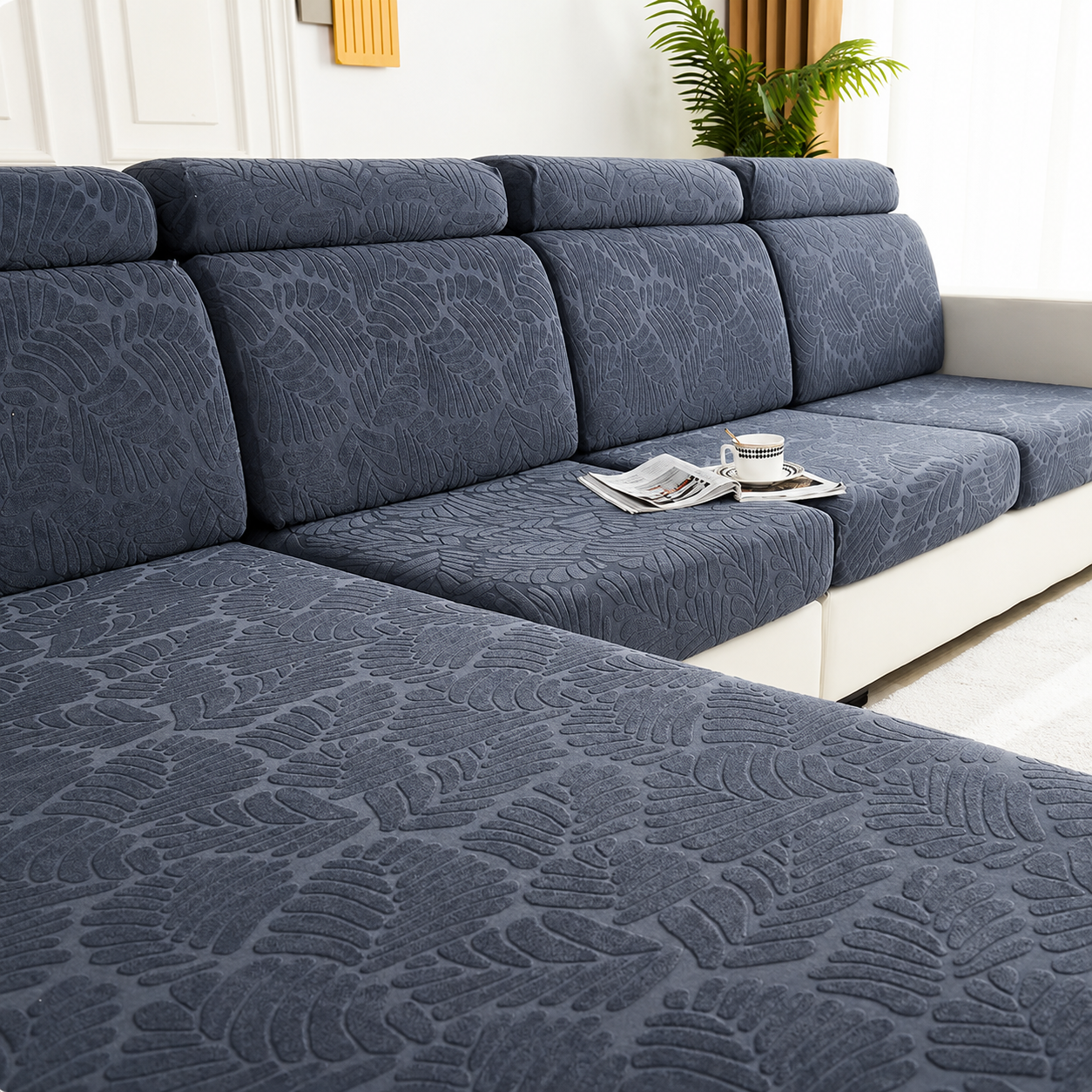 Anti Slip Leaf Jacquard L Shaped Cushion Sofa Couch Cover