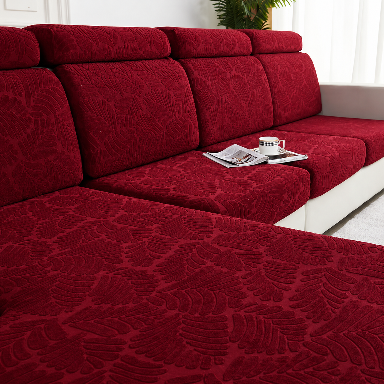 Anti Slip Leaf Jacquard L Shaped Cushion Sofa Couch Cover
