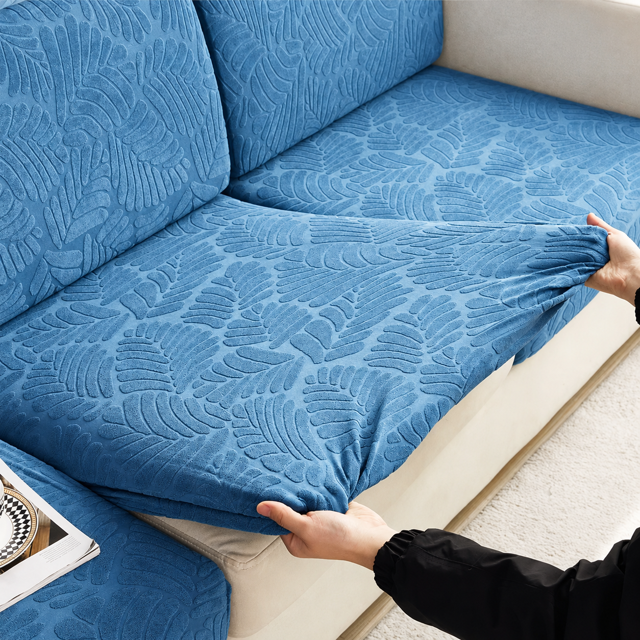 Anti Slip Leaf Jacquard L Shaped Cushion Sofa Couch Cover