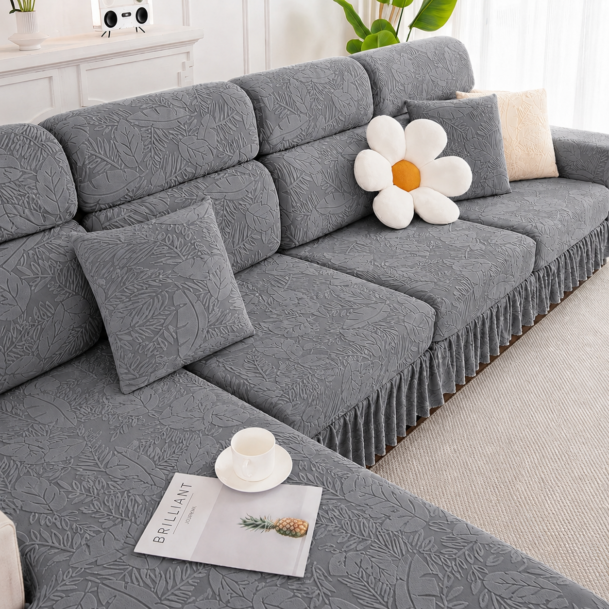 Jacquard Anti-Slip L Shaped Skirt Cushion Sofa Couch Cover