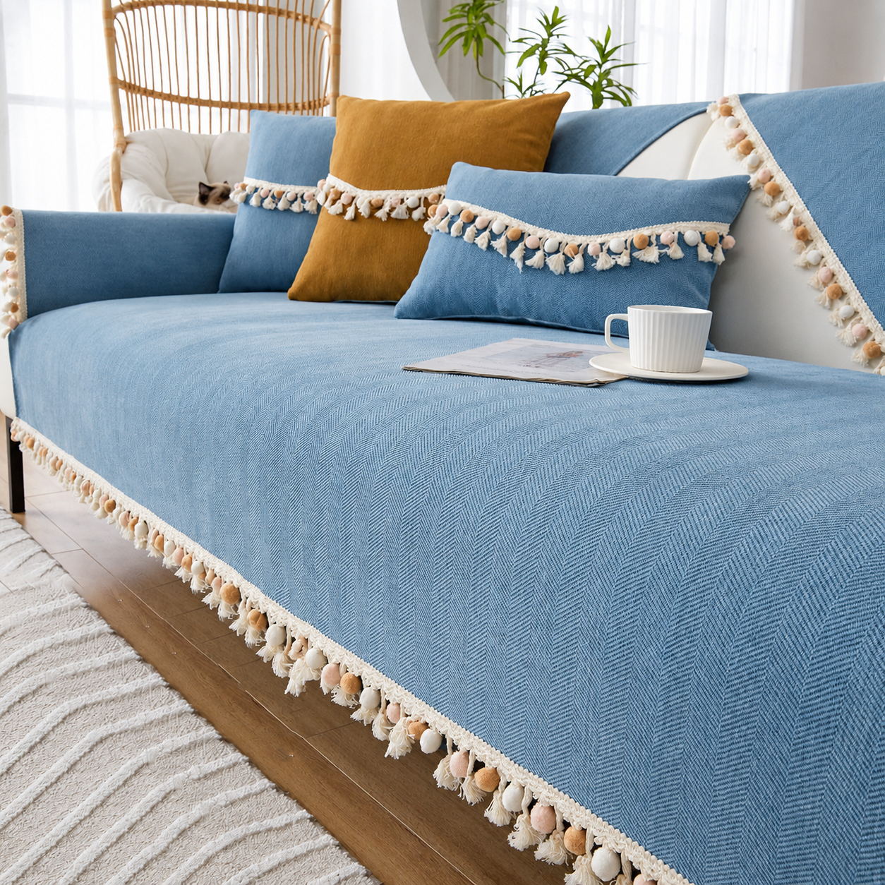 Non-Slip Boho Herringbone Chenille Tassels Sofa Couch Cover