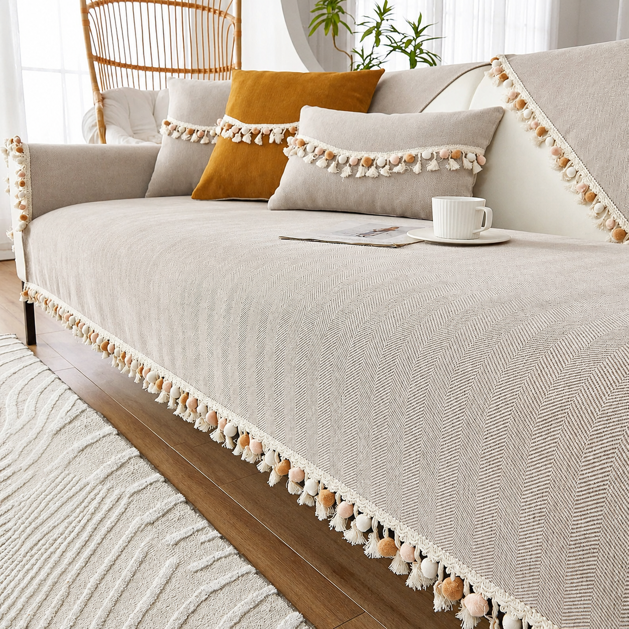 Non-Slip Boho Herringbone Chenille Tassels Sofa Couch Cover