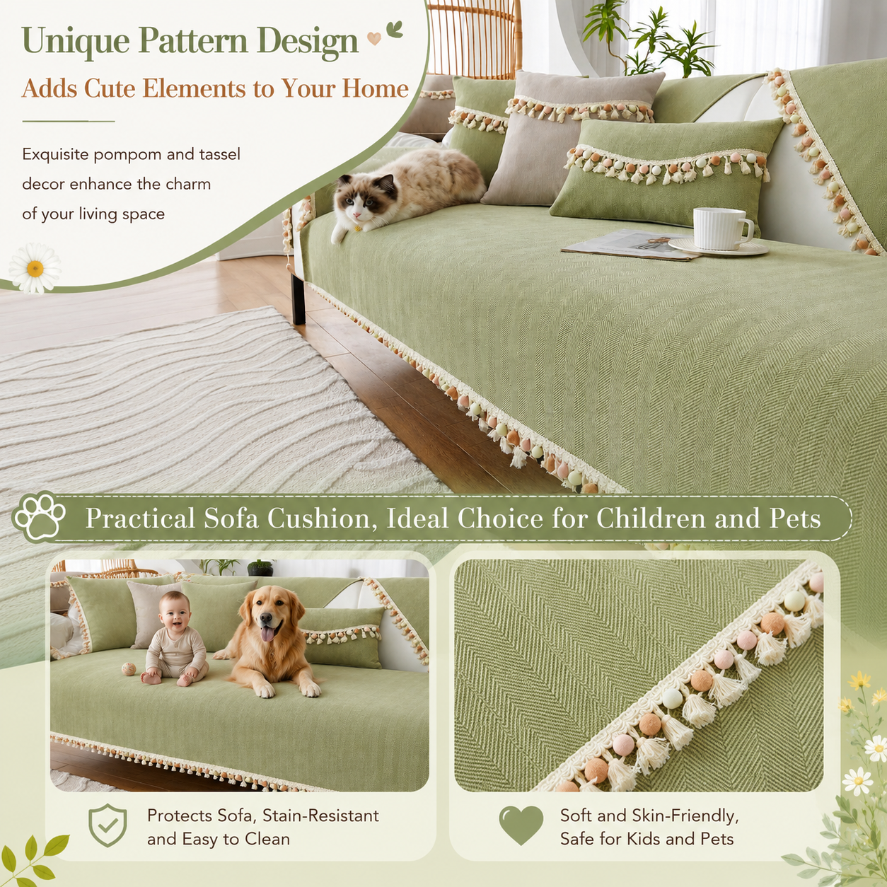 Non-Slip Boho Herringbone Chenille Tassels Sofa Couch Cover