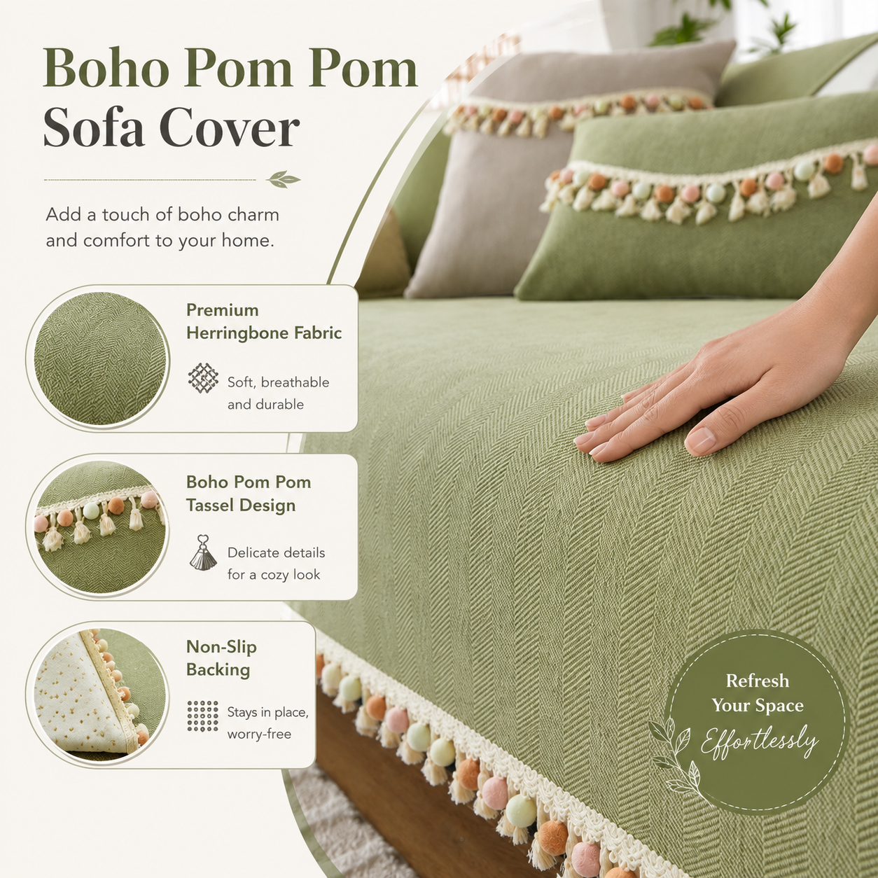 Non-Slip Boho Herringbone Chenille Tassels Sofa Couch Cover