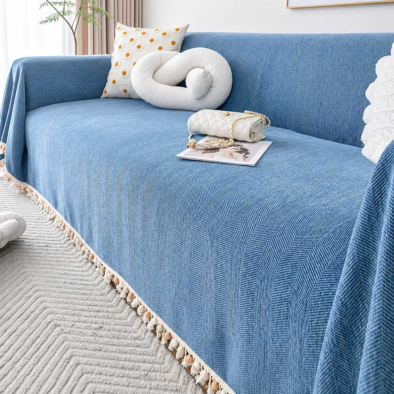 Elegant Boho Herringbone Chenille Tassels Sofa Couch Cover