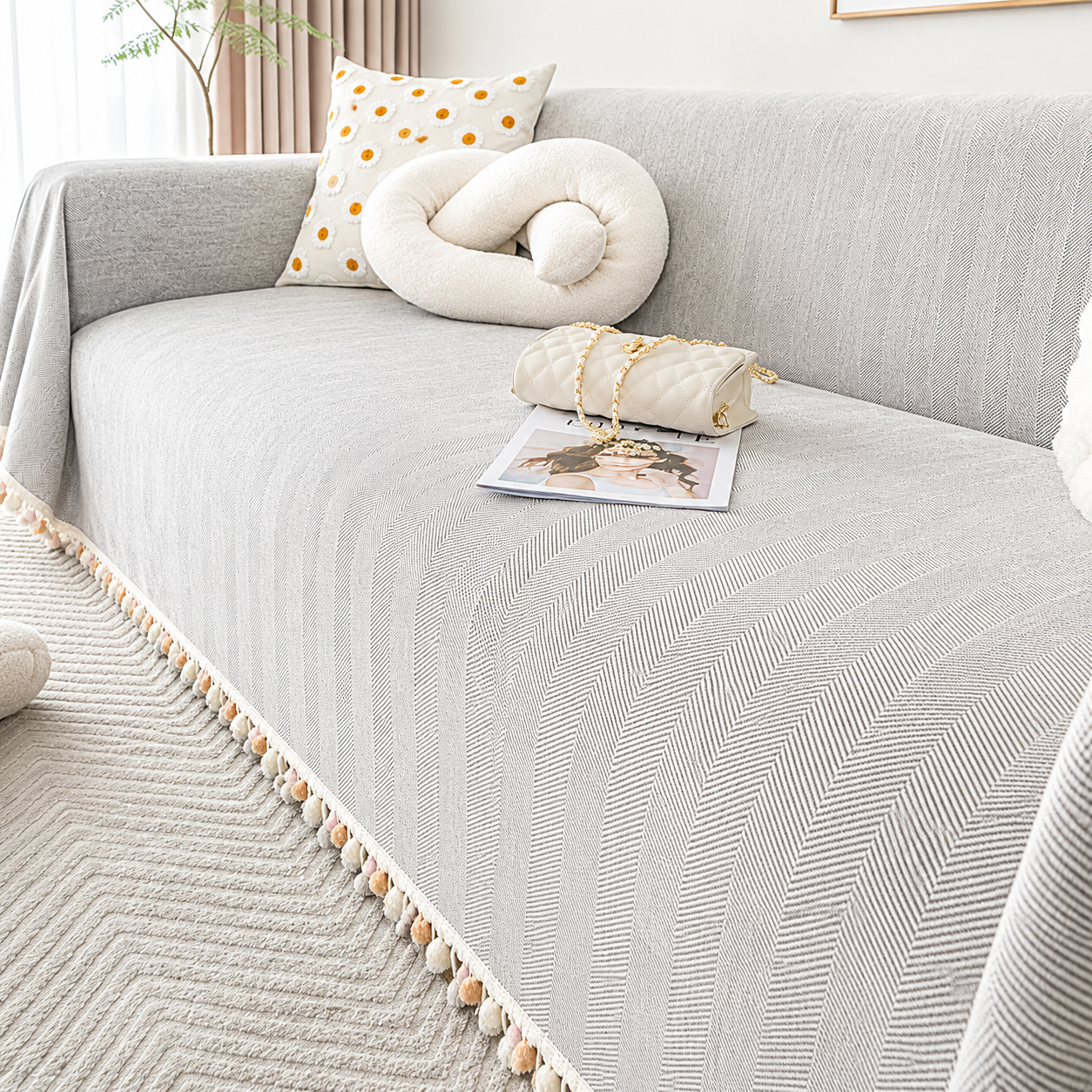 Elegant Boho Herringbone Chenille Tassels Sofa Couch Cover
