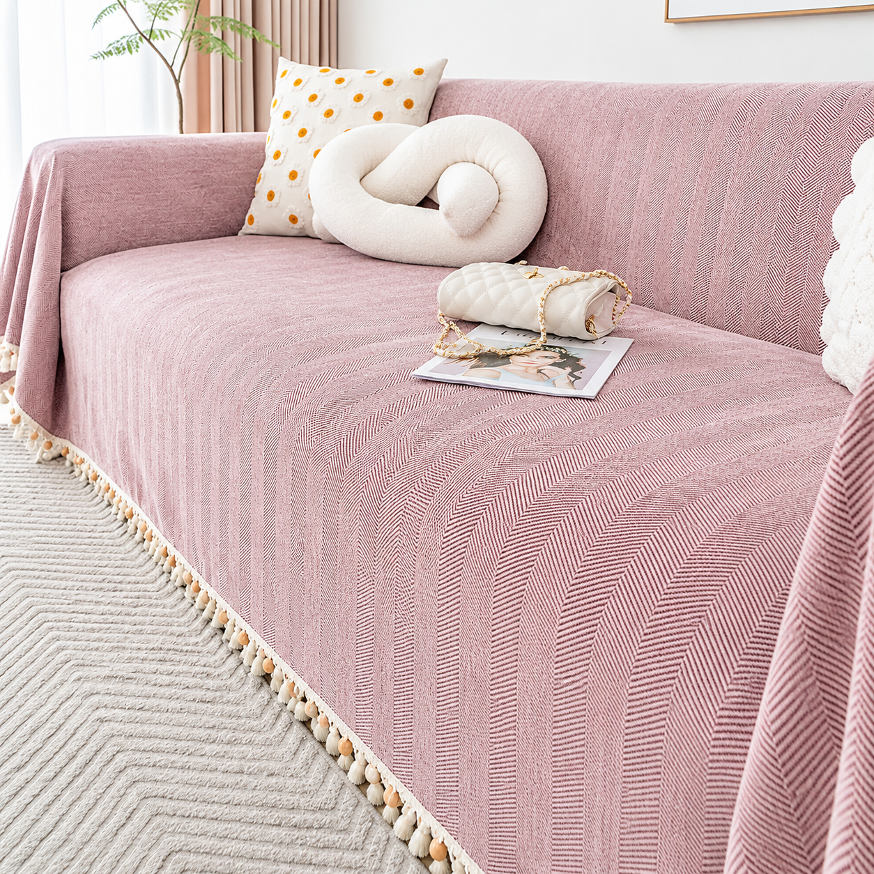 Elegant Boho Herringbone Chenille Tassels Sofa Couch Cover