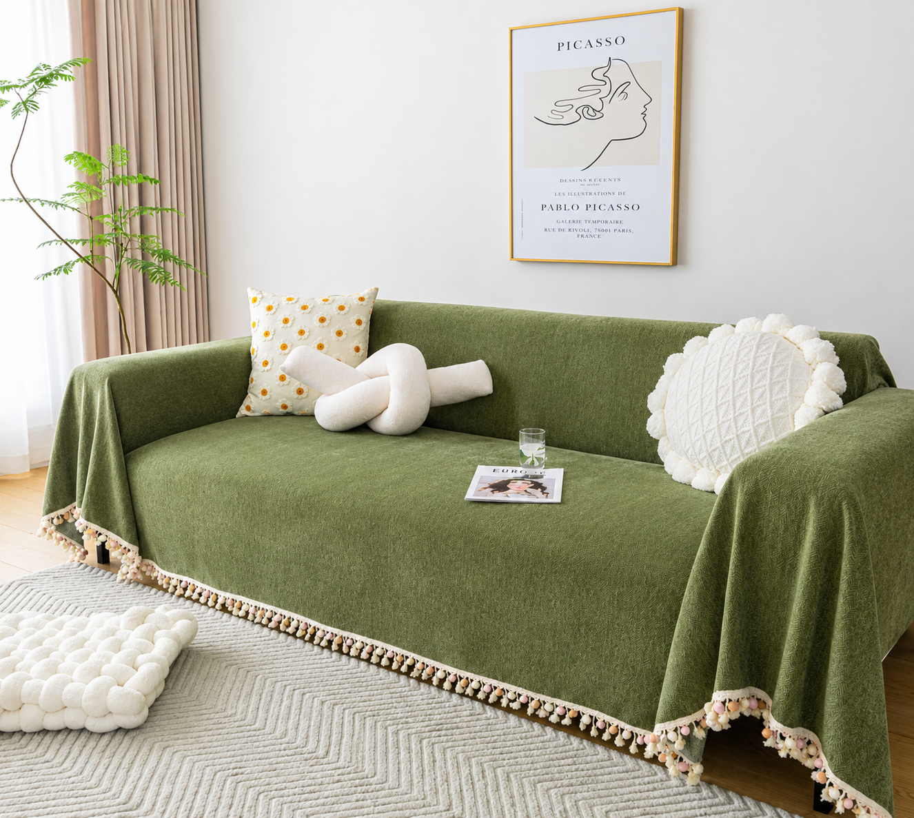 Elegant Boho Herringbone Chenille Tassels Sofa Couch Cover