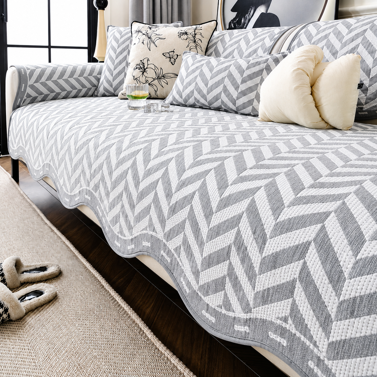 Non-Slip Ice Silk Geometric Sofa Couch Cover