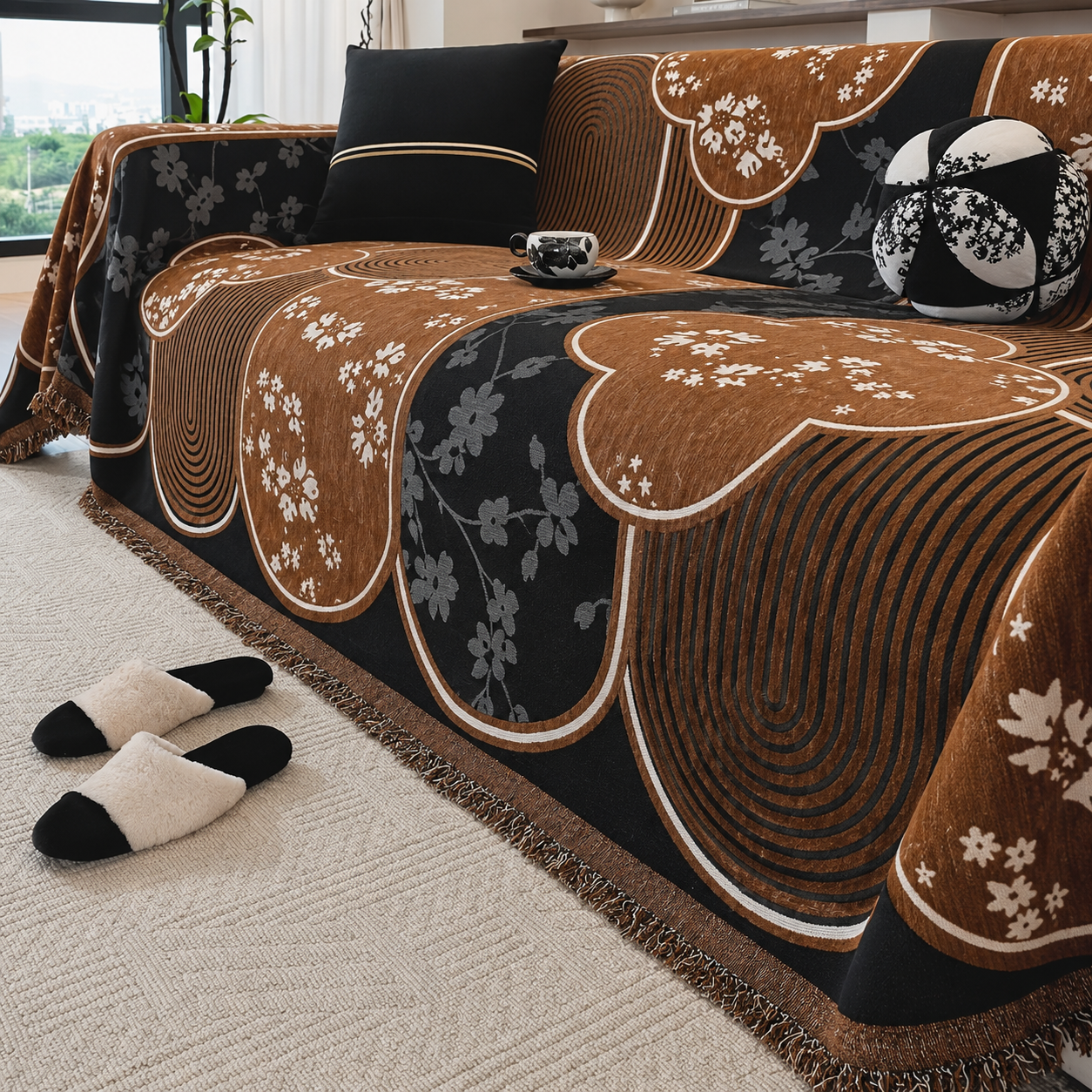 Non-Slip Modern Abstract Floral Chenille Tassels Sofa Couch Cover