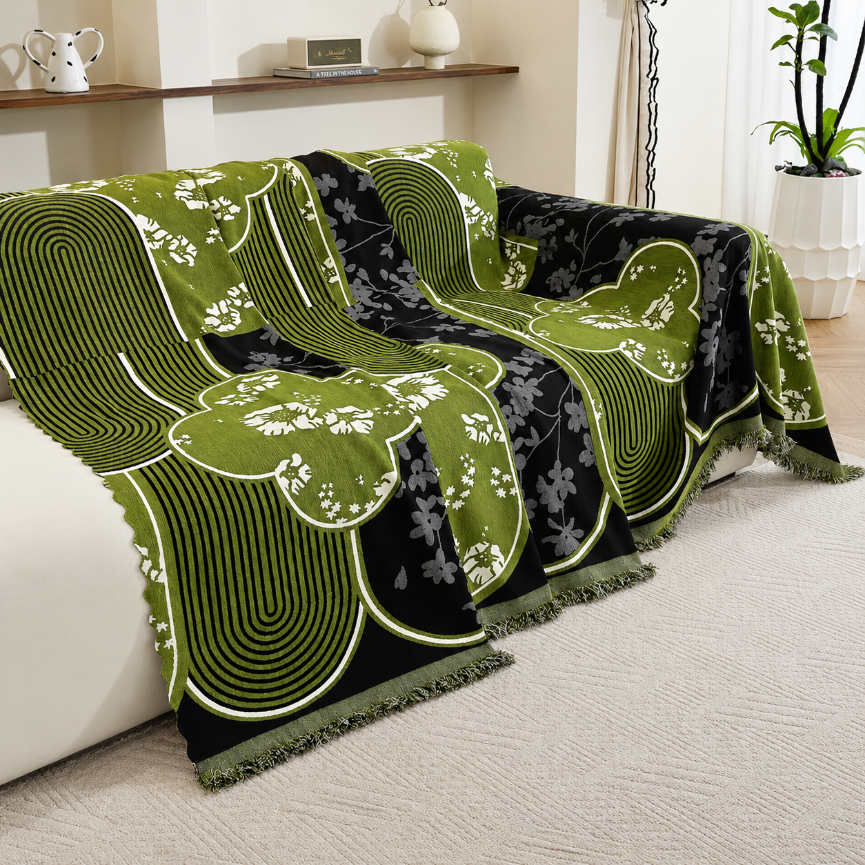Non-Slip Modern Abstract Floral Chenille Tassels Sofa Couch Cover