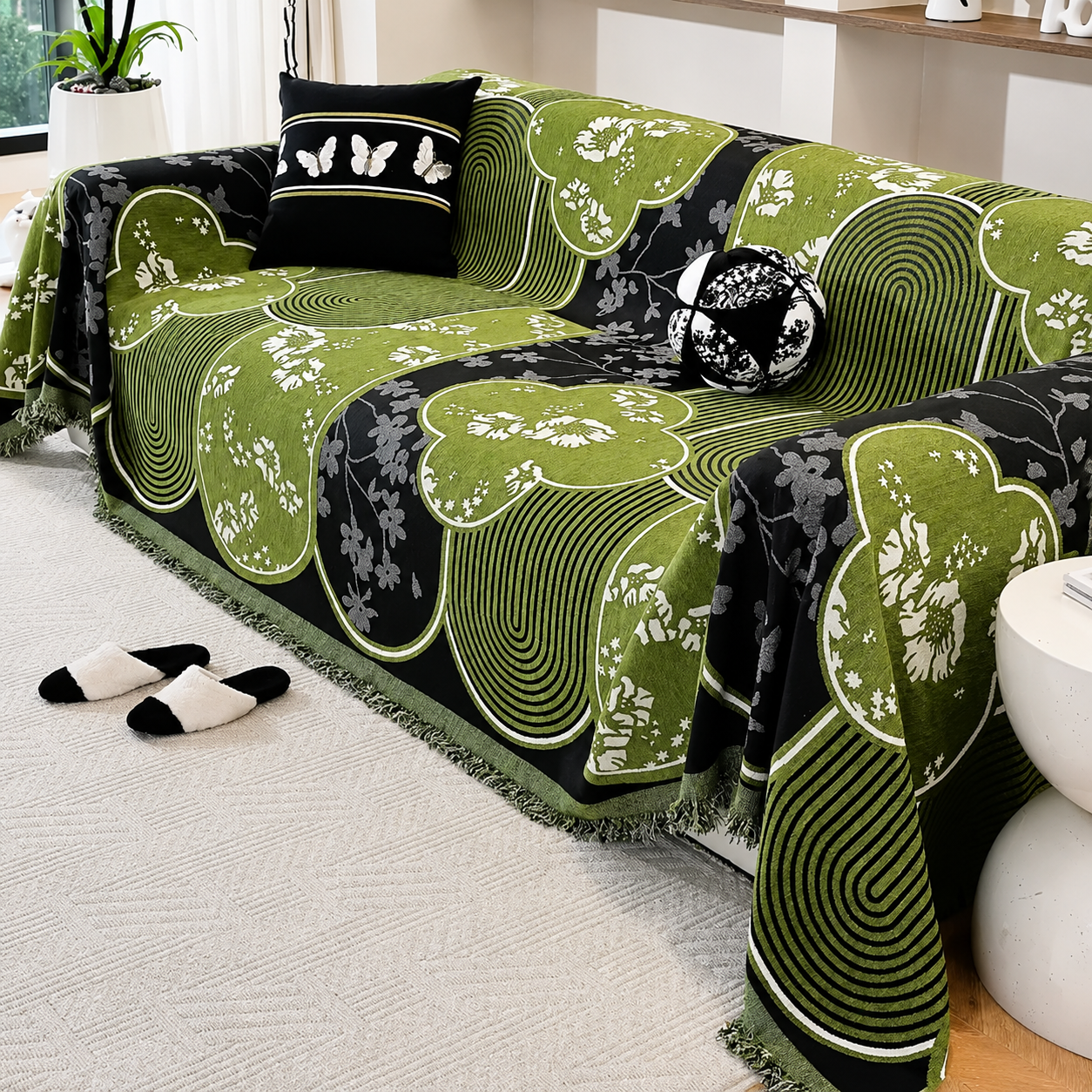Non-Slip Modern Abstract Floral Chenille Tassels Sofa Couch Cover