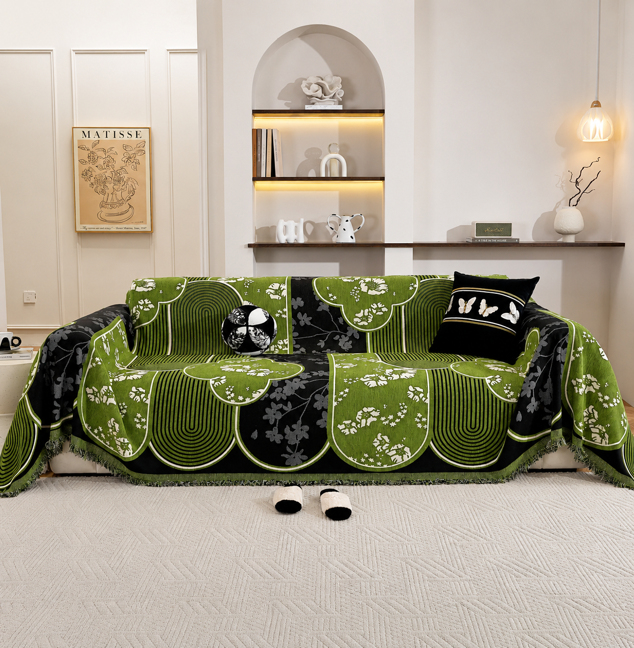 Non-Slip Modern Abstract Floral Chenille Tassels Sofa Couch Cover