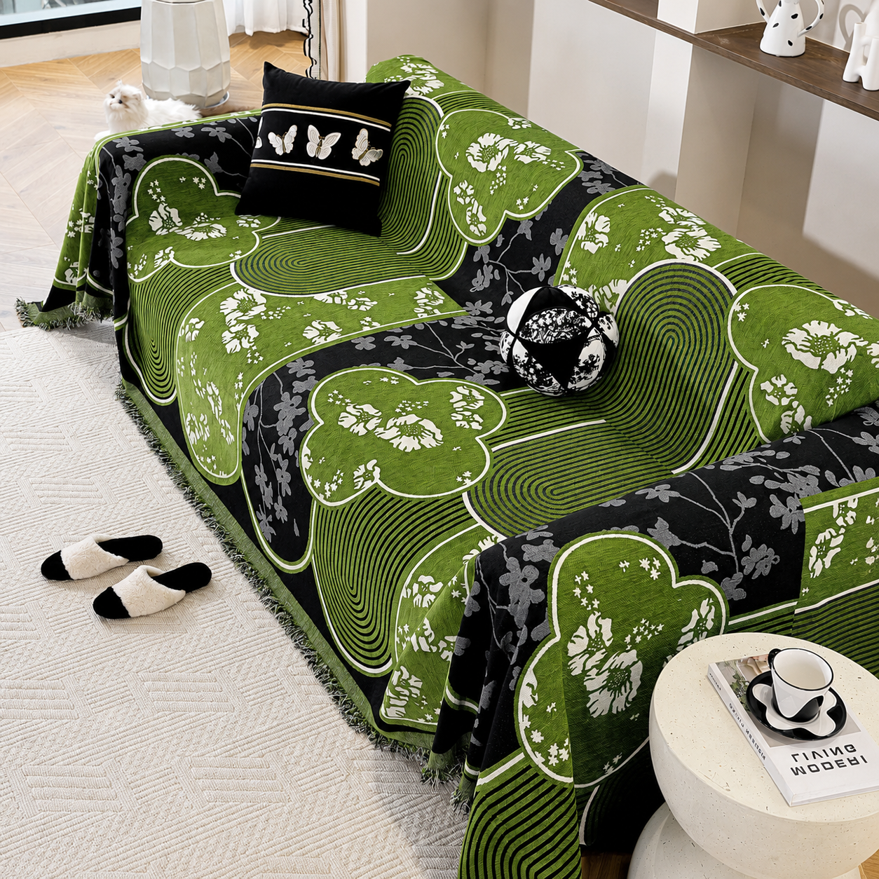 Non-Slip Modern Abstract Floral Chenille Tassels Sofa Couch Cover