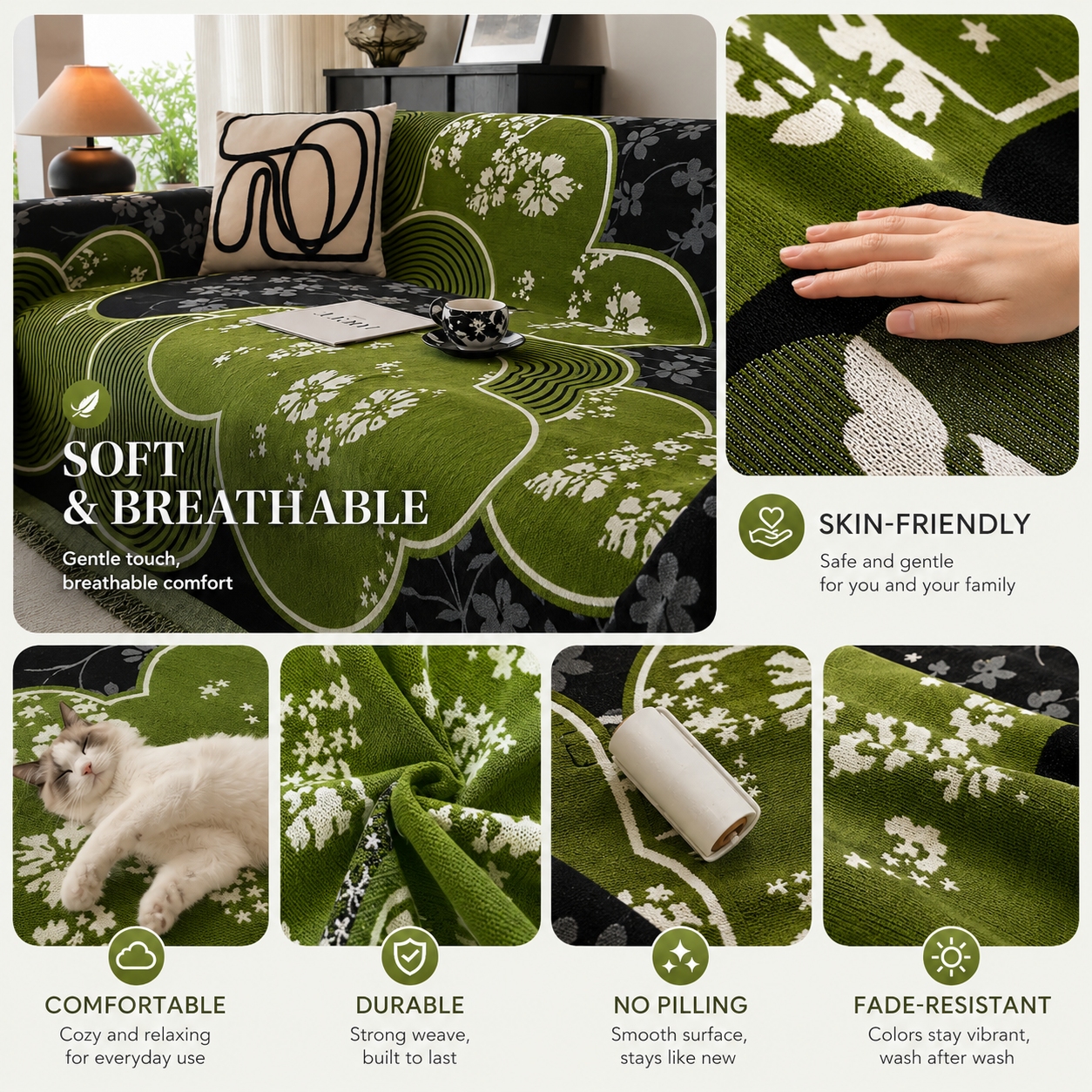 Non-Slip Modern Abstract Floral Chenille Tassels Sofa Couch Cover