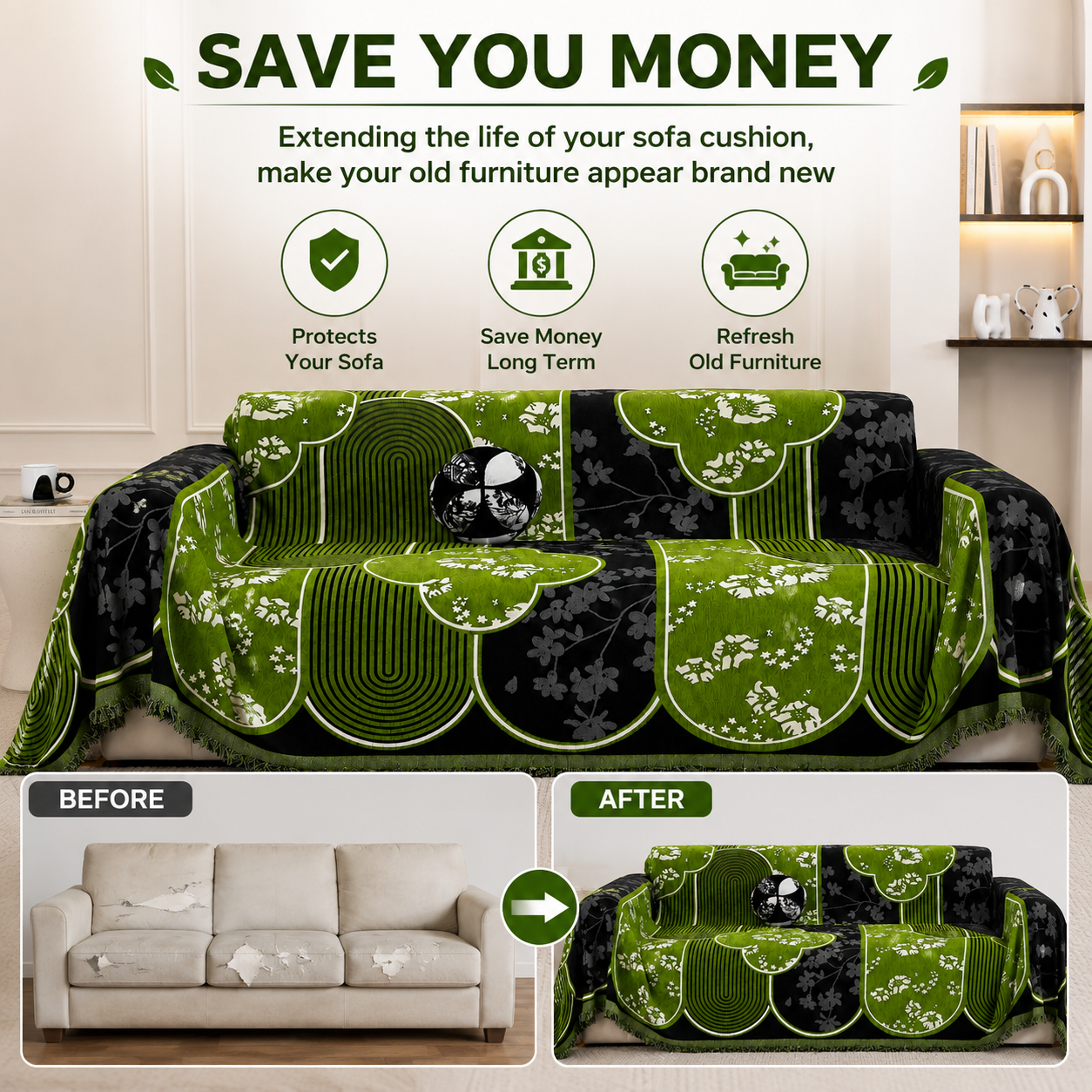 Non-Slip Modern Abstract Floral Chenille Tassels Sofa Couch Cover