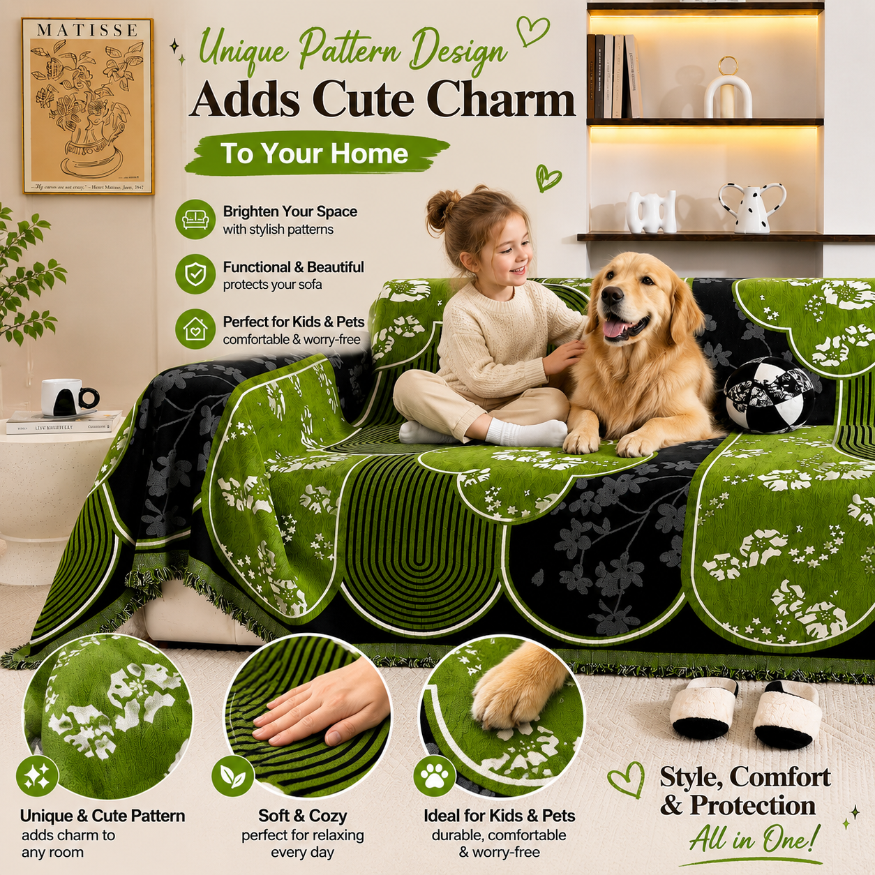 Non-Slip Modern Abstract Floral Chenille Tassels Sofa Couch Cover