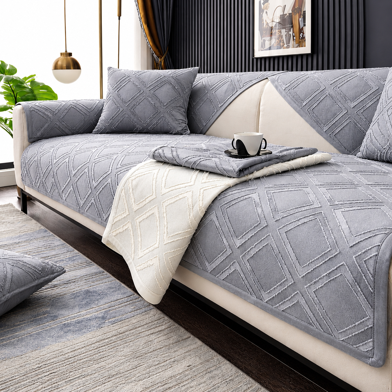 Non Slip Chenille Geometric Mat Couch Sofa Cover