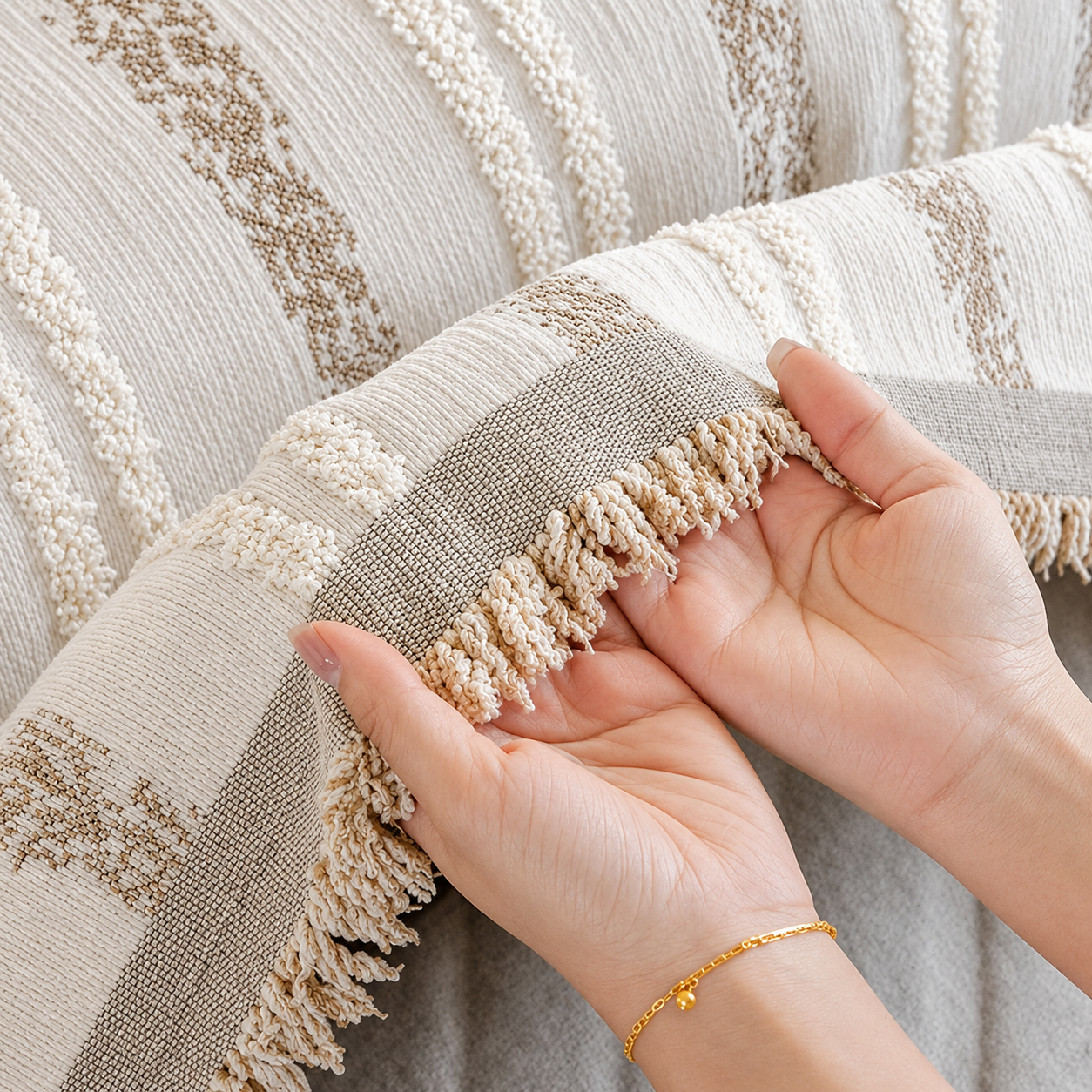 Non-Slip Stripe Chenille Tassels Sofa Couch Cover