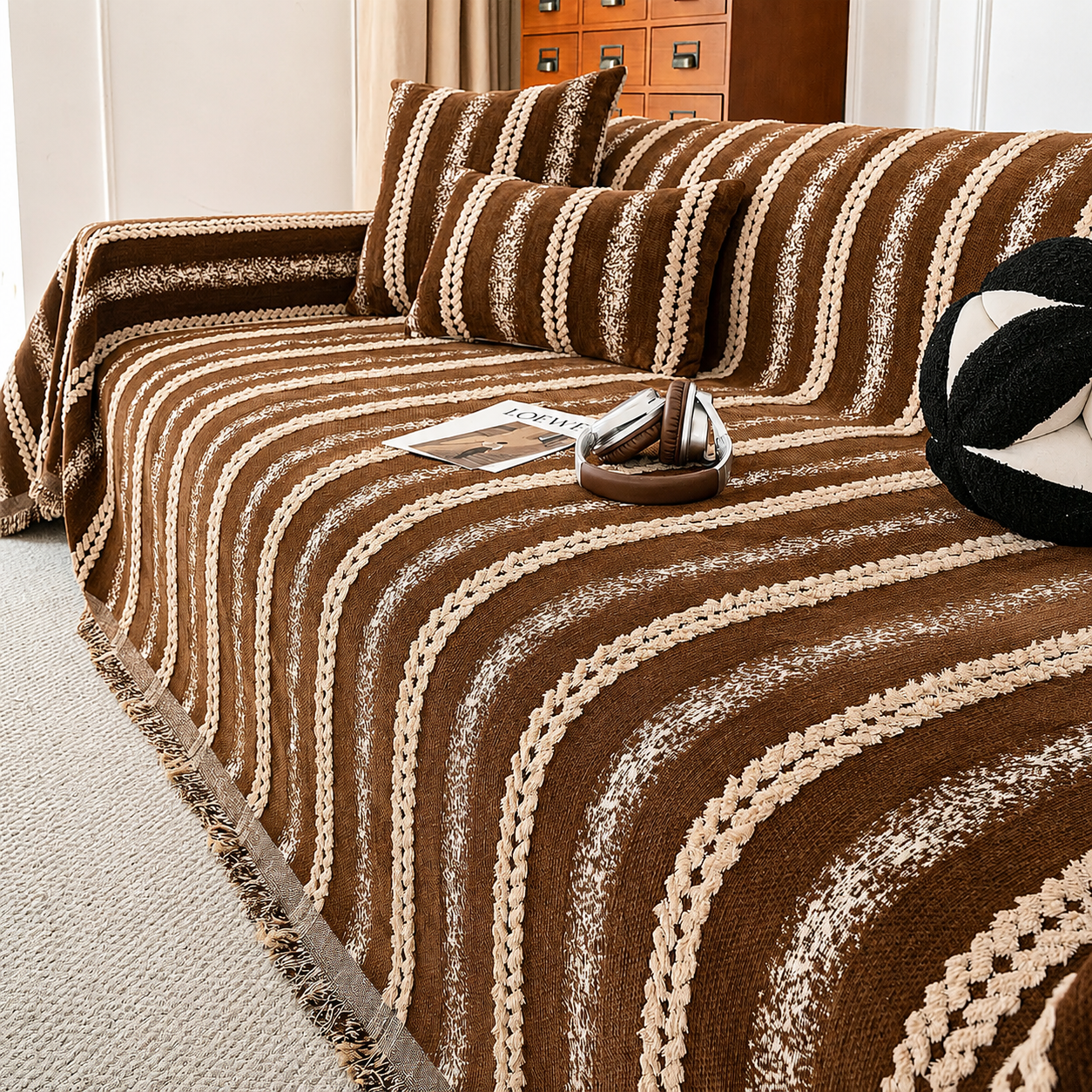 Non-Slip Stripe Chenille Tassels Sofa Couch Cover