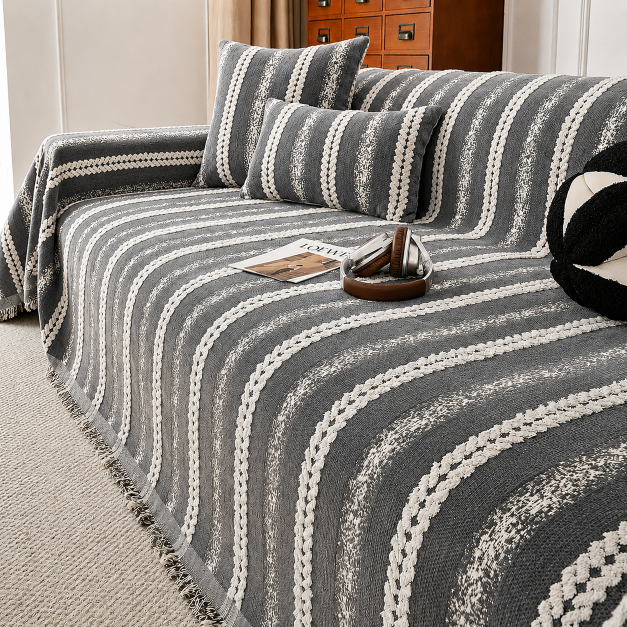 Non-Slip Stripe Chenille Tassels Sofa Couch Cover