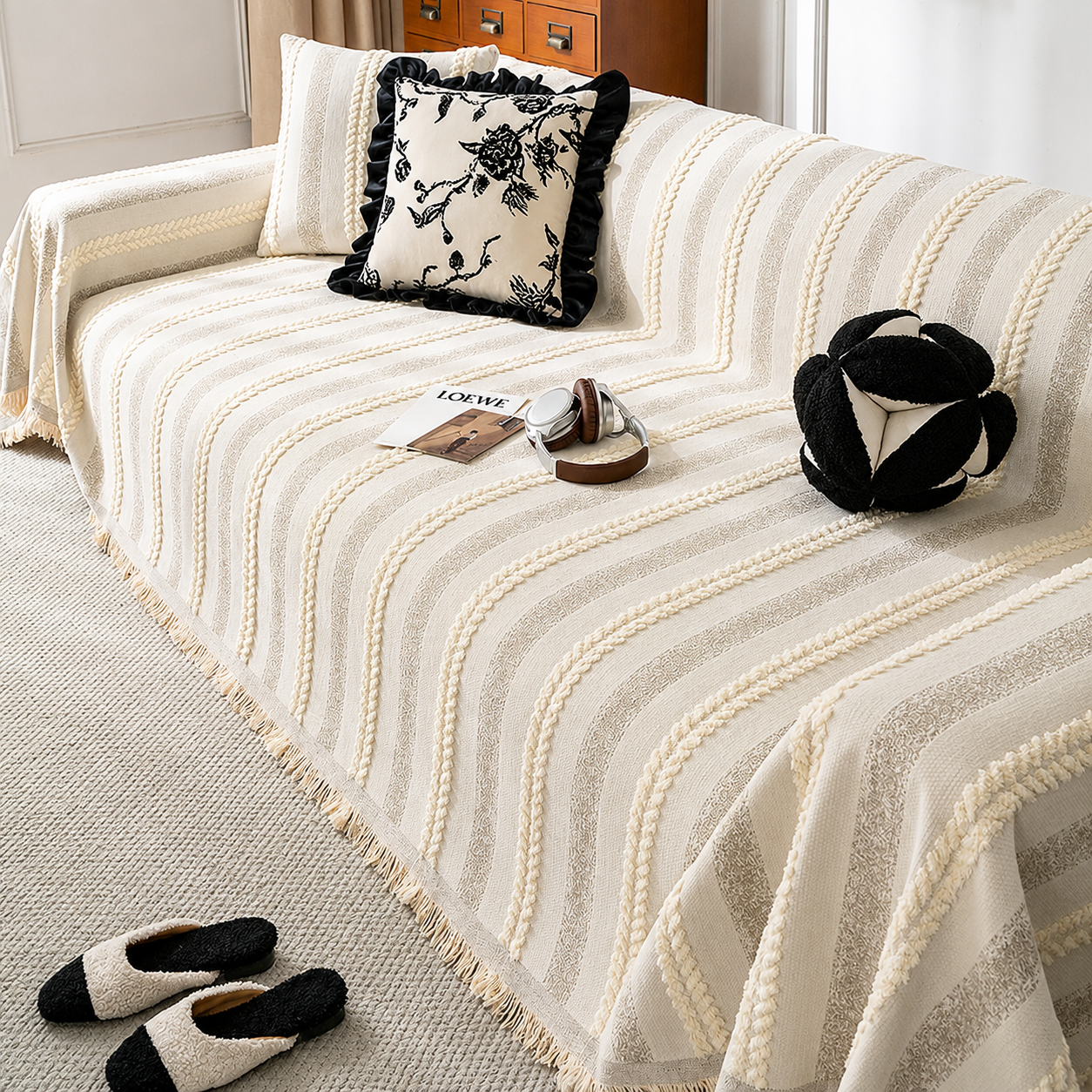 Non-Slip Stripe Chenille Tassels Sofa Couch Cover