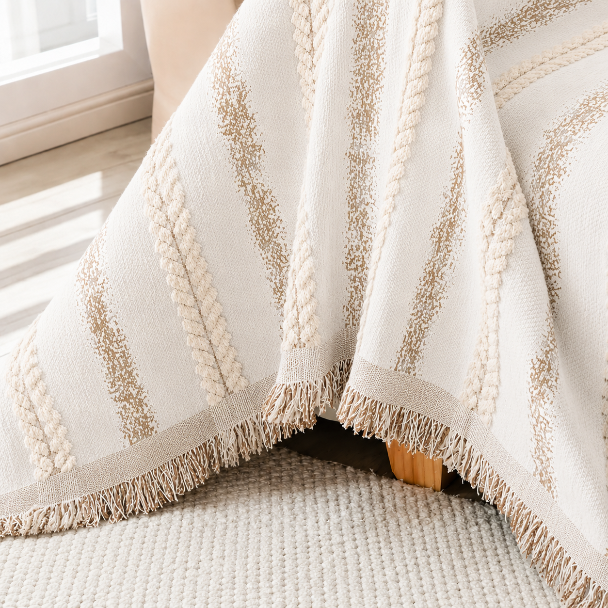 Non-Slip Stripe Chenille Tassels Sofa Couch Cover