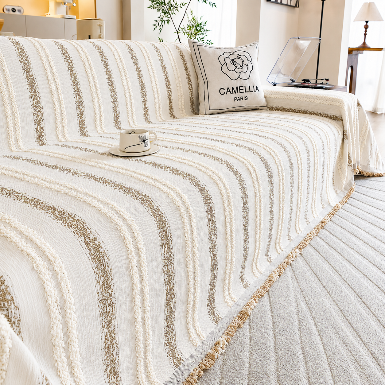 Non-Slip Stripe Chenille Tassels Sofa Couch Cover