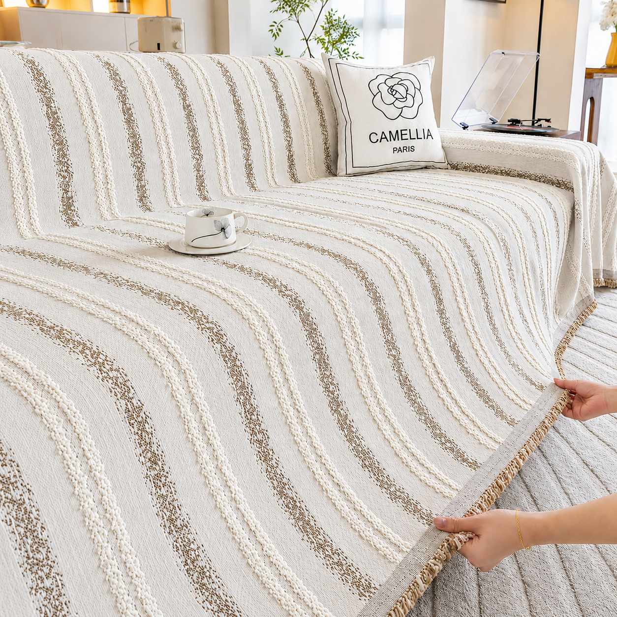 Non-Slip Stripe Chenille Tassels Sofa Couch Cover