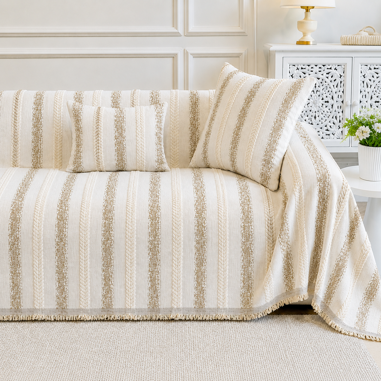 Non-Slip Stripe Chenille Tassels Sofa Couch Cover