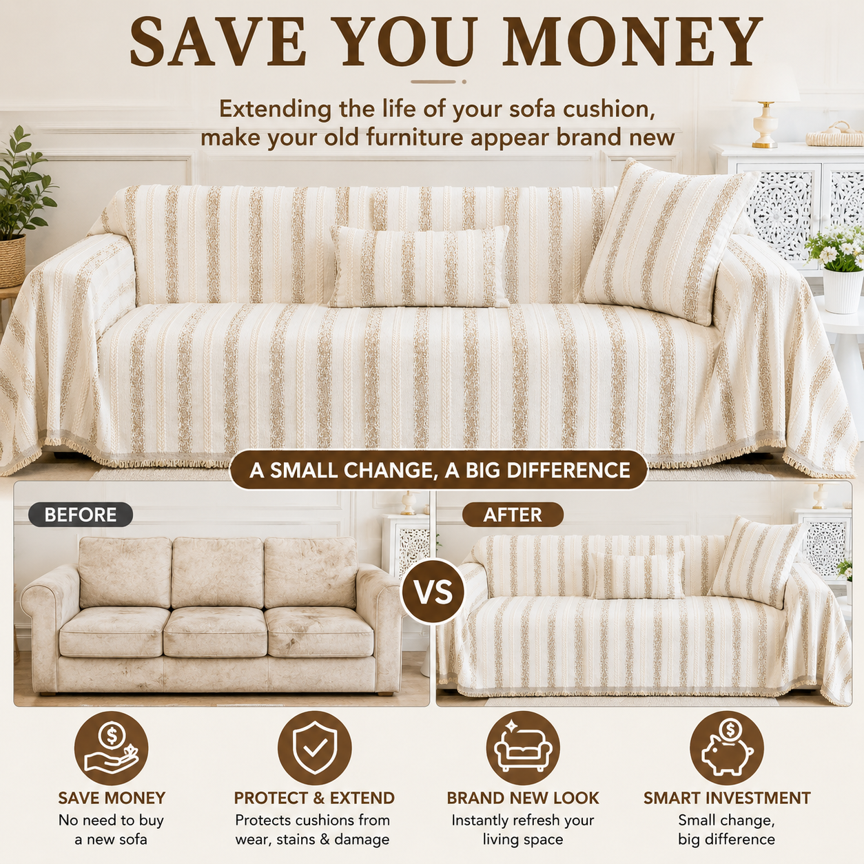 Non-Slip Stripe Chenille Tassels Sofa Couch Cover