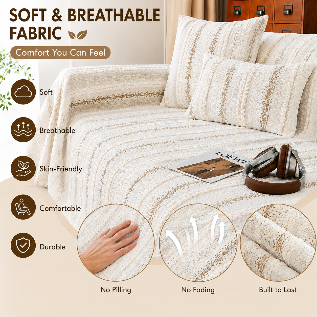 Non-Slip Stripe Chenille Tassels Sofa Couch Cover