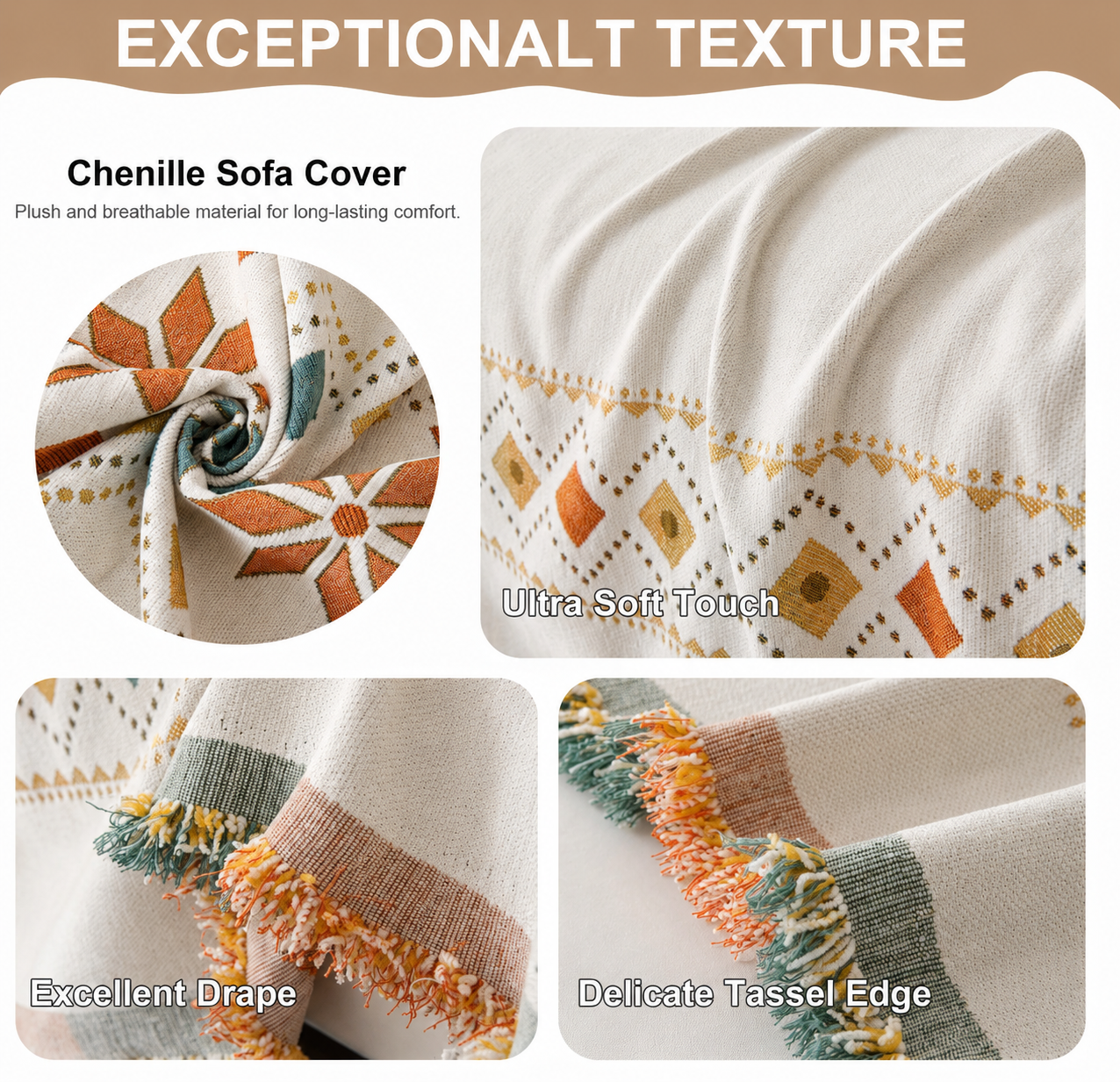 Non-Slip Boho Chenille Tassels Reversible Sofa Couch Cover