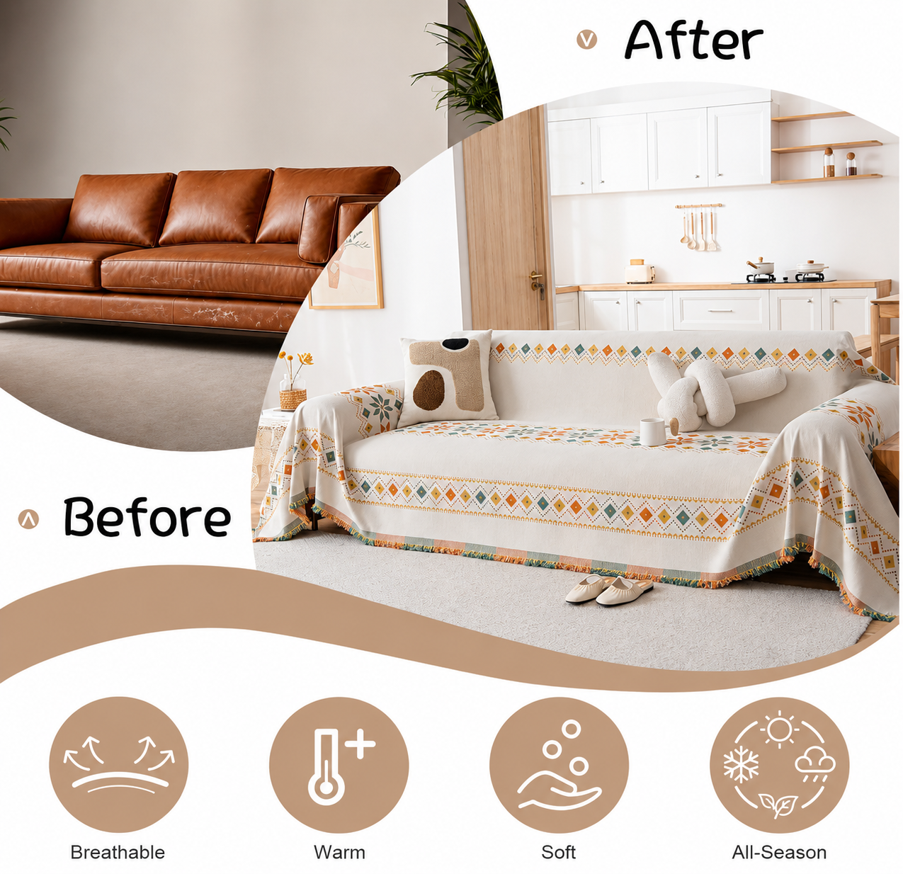 Non-Slip Boho Chenille Tassels Reversible Sofa Couch Cover