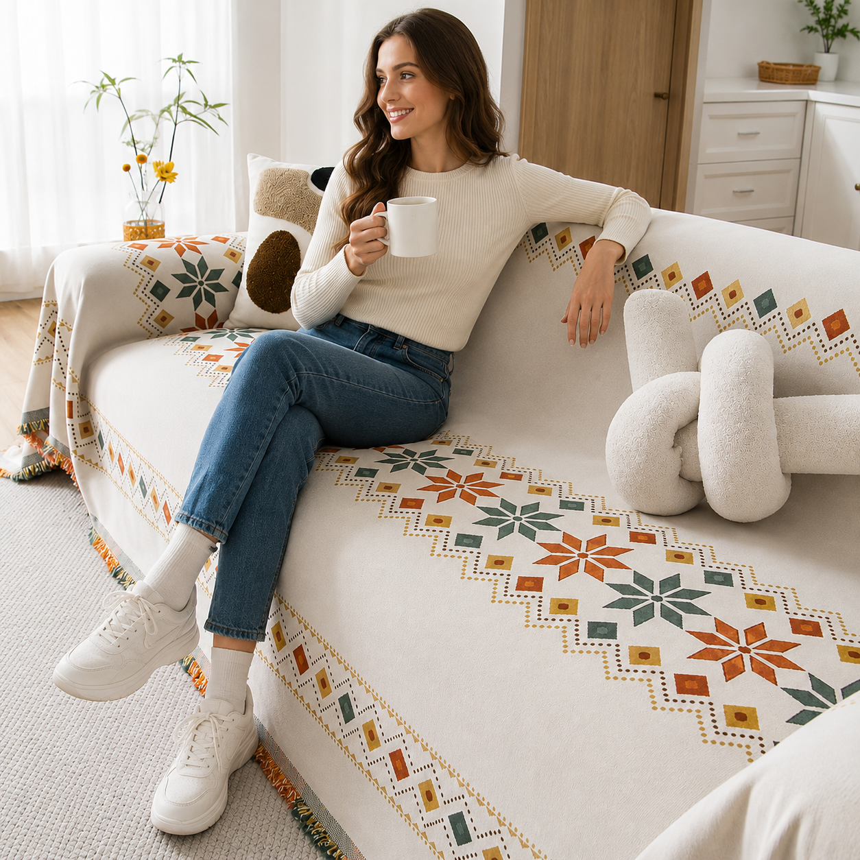Non-Slip Boho Chenille Tassels Reversible Sofa Couch Cover