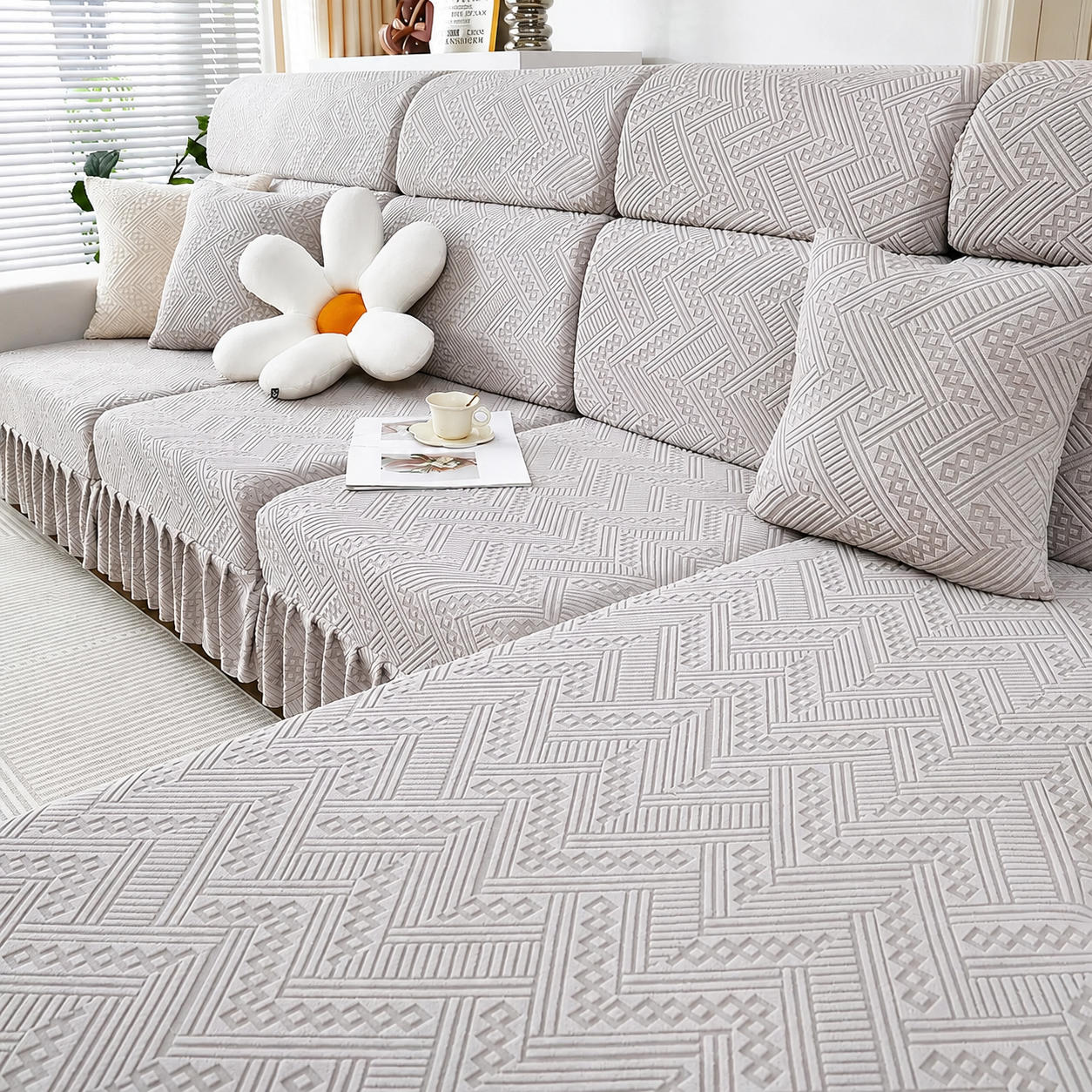Non Slip L Shaped Skirted Cushion Slipcover Sofa Couch Cover