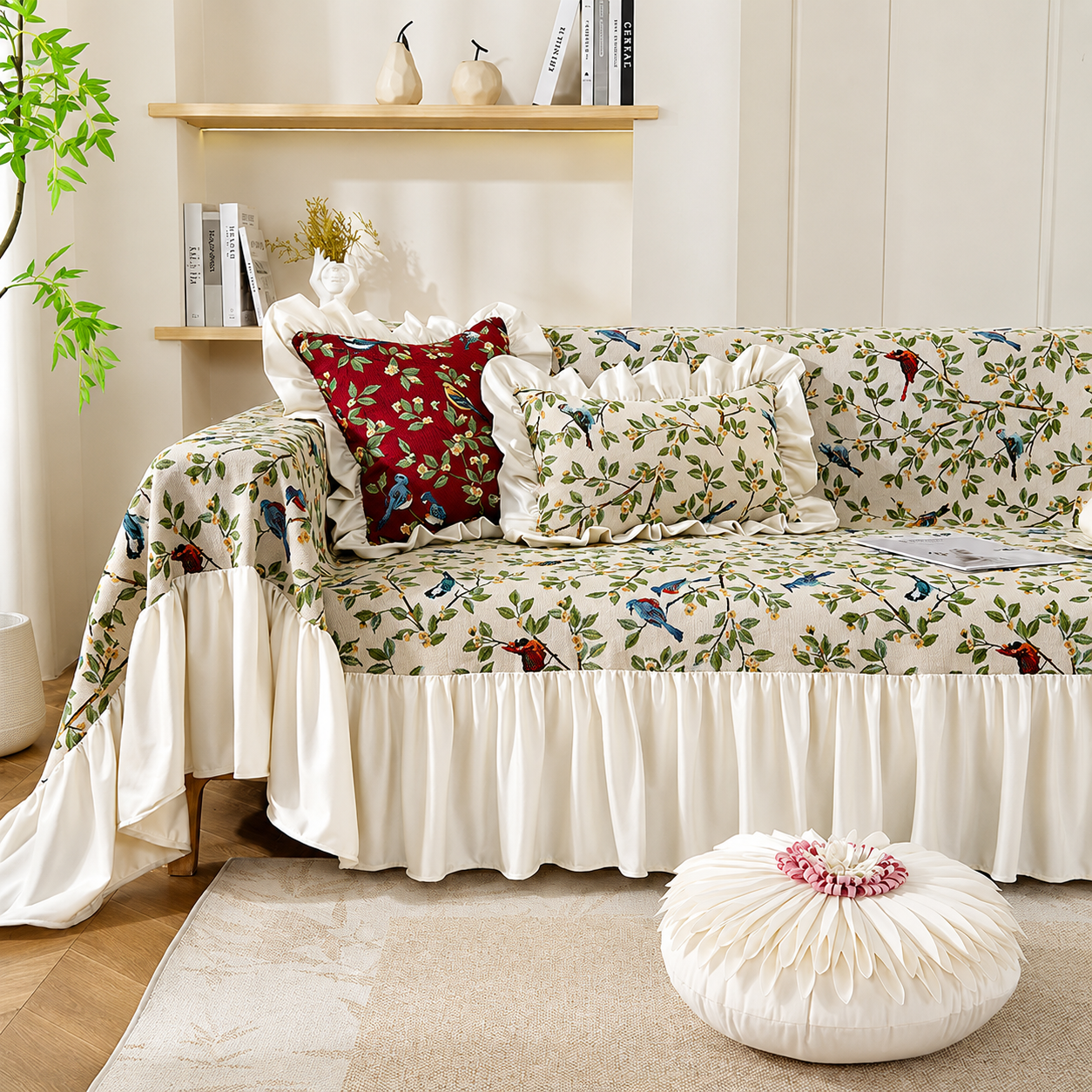 Non-Slip Elegant Floral Skirt Tassels Sofa Couch Cover