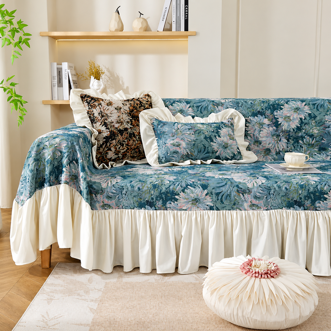 Non-Slip Elegant Floral Skirt Tassels Sofa Couch Cover
