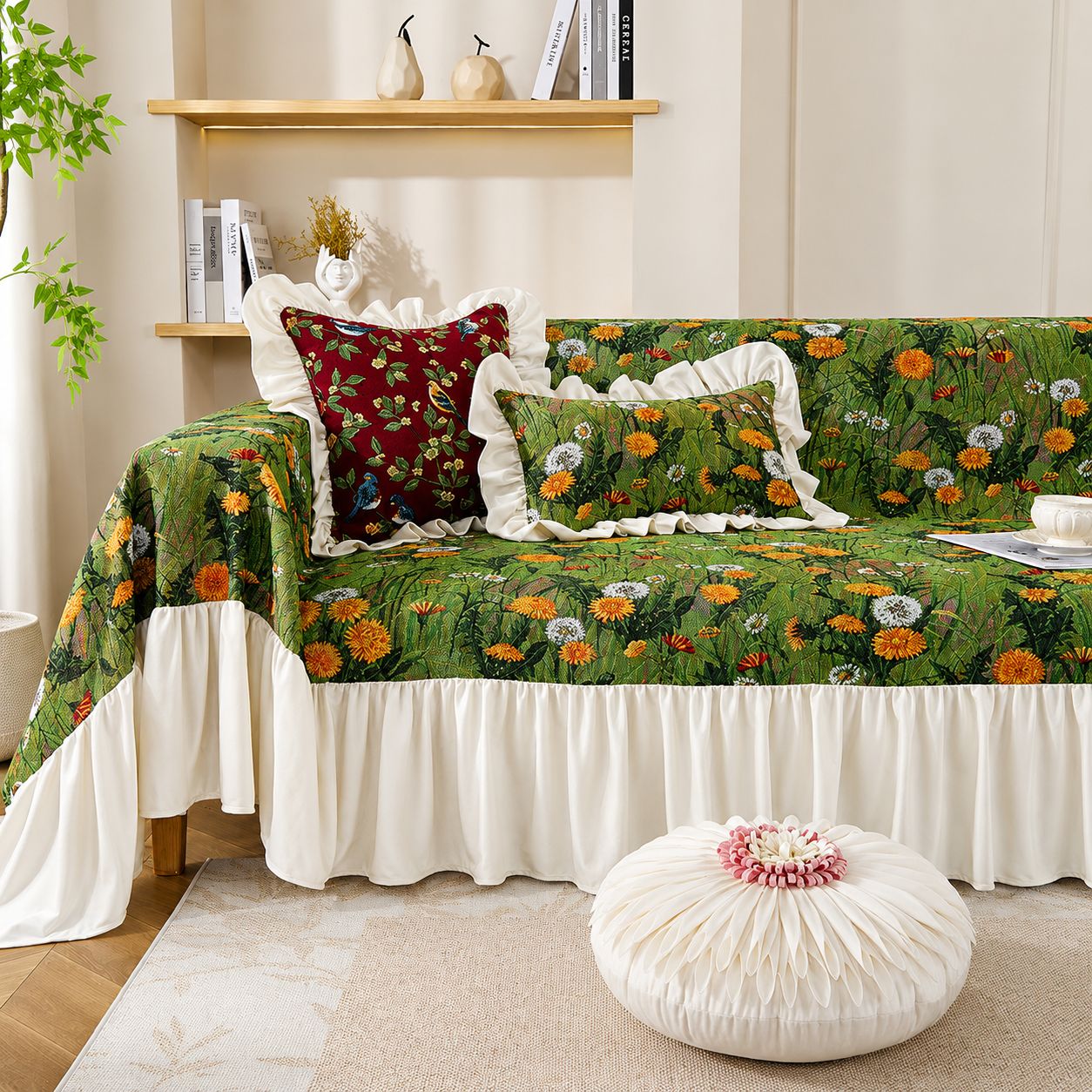 Non-Slip Elegant Floral Skirt Tassels Sofa Couch Cover